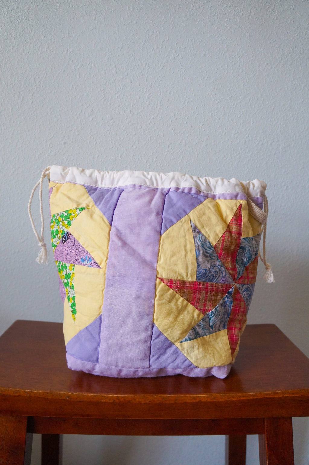 Handmade medium 1/1 vintage star quilt drawstring bag
