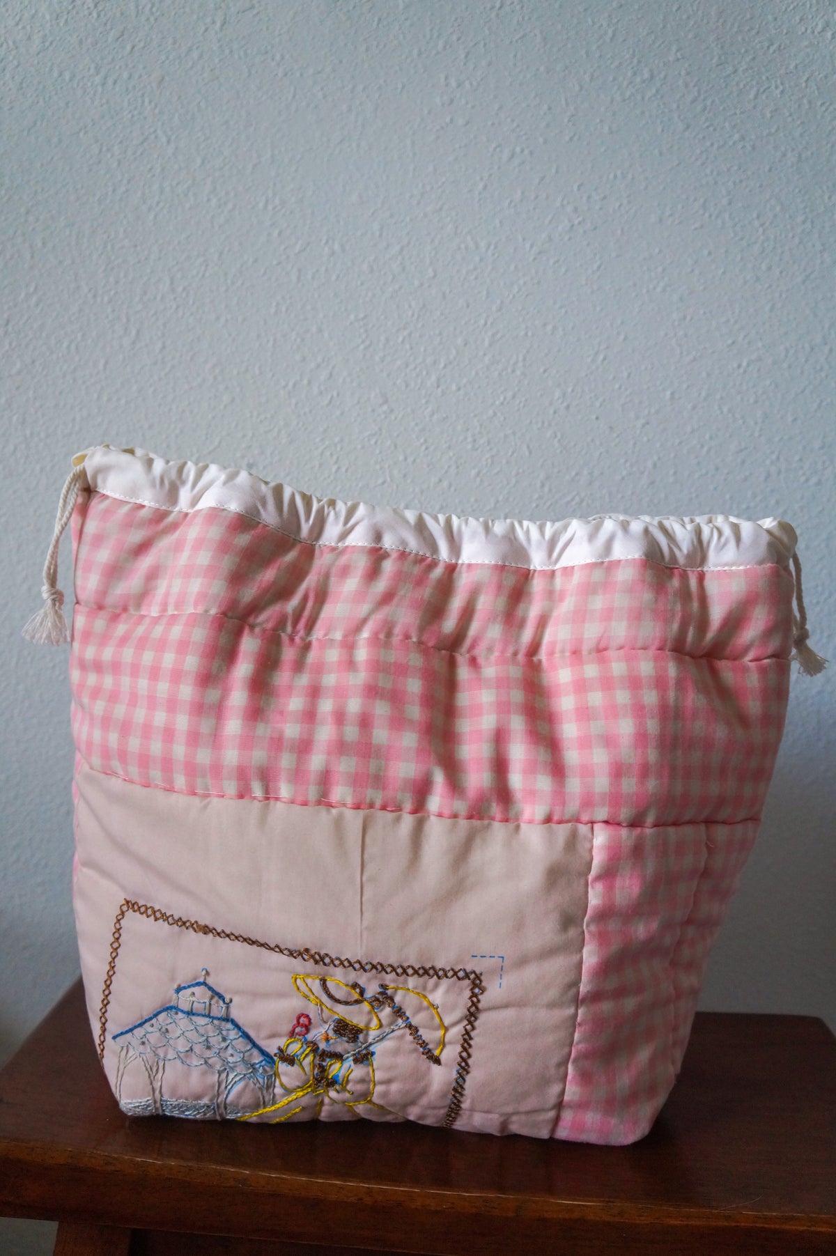 Handmade large pink 1/1 vintage patchwork quilt drawstring bag