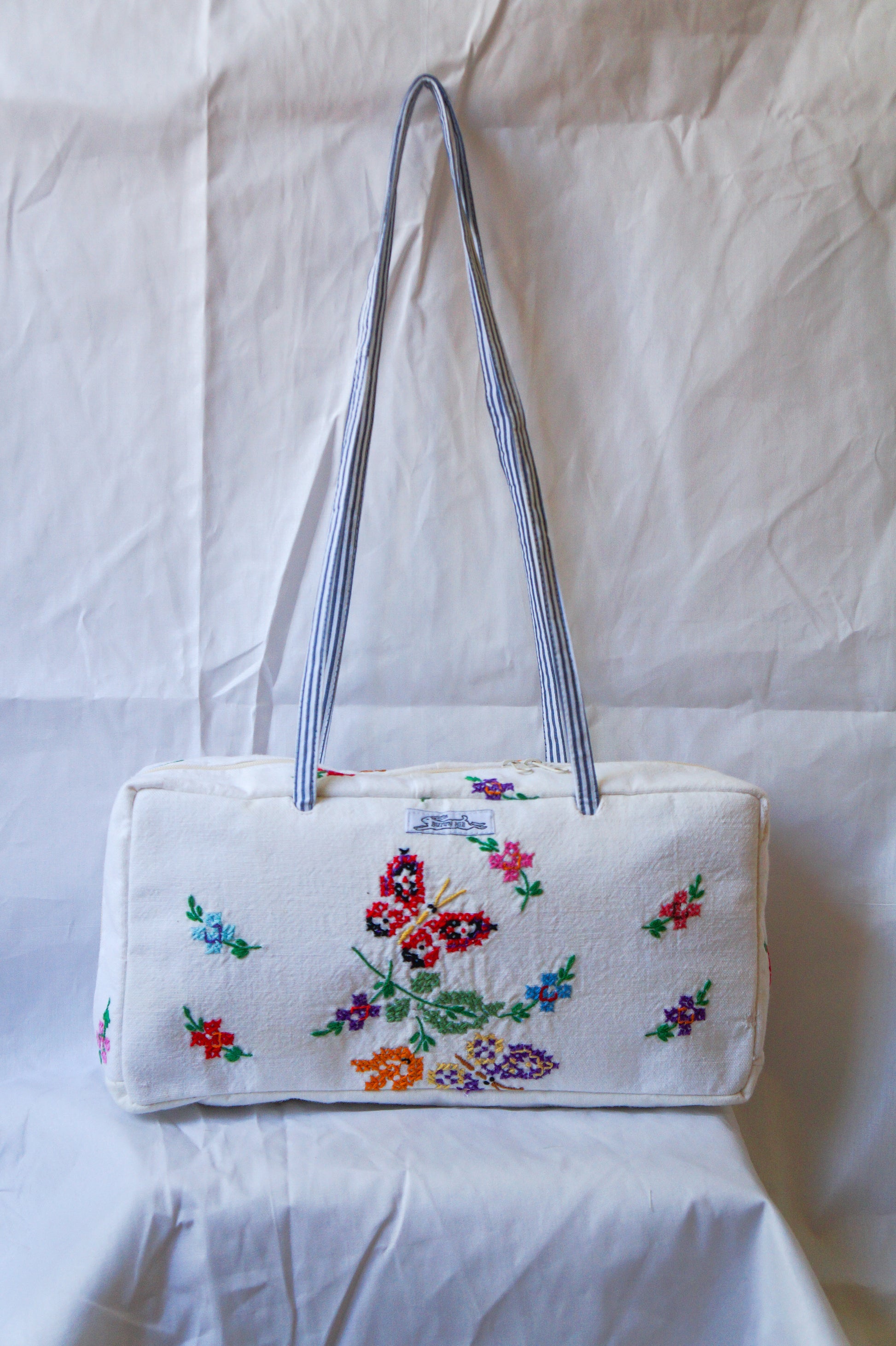 Handmade vtg embroidered butterfly bowler bag