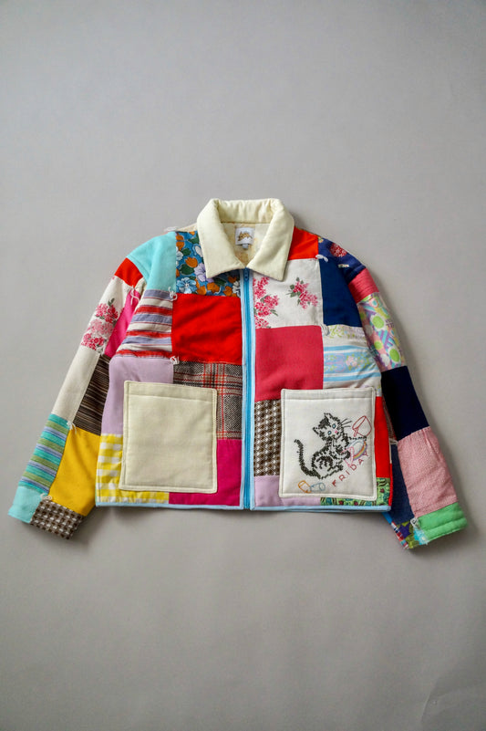 Handmade patchwork cat embroidery boxy jacket (M)