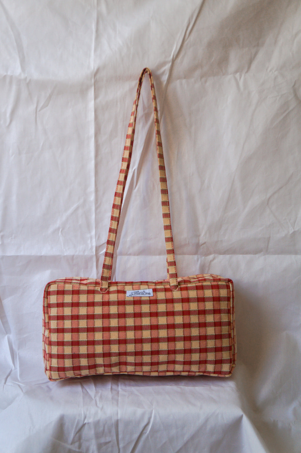 Handmade one of a kind vtg gingham curtain bowler bag