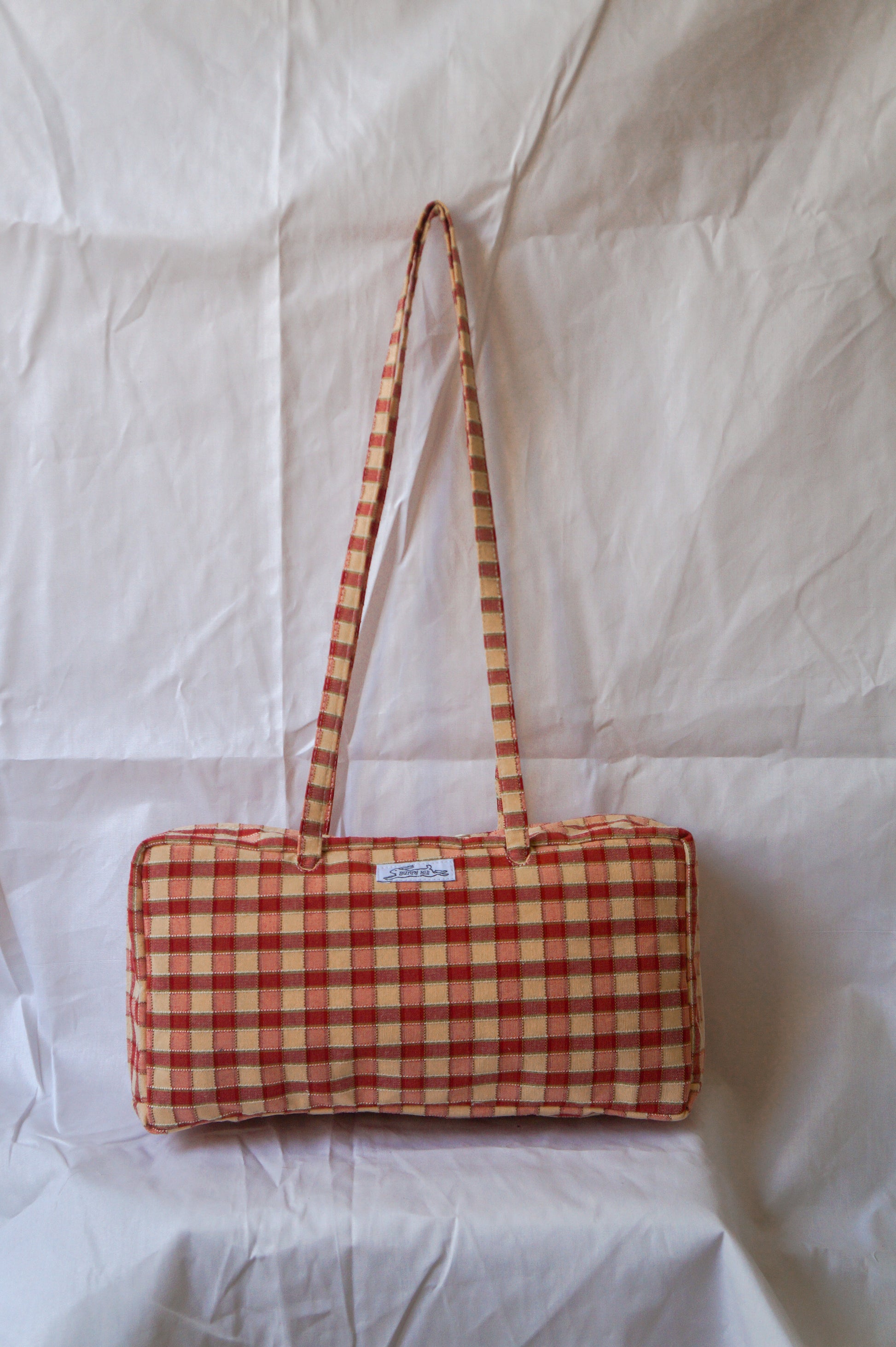 Handmade one of a kind vtg gingham curtain bowler bag