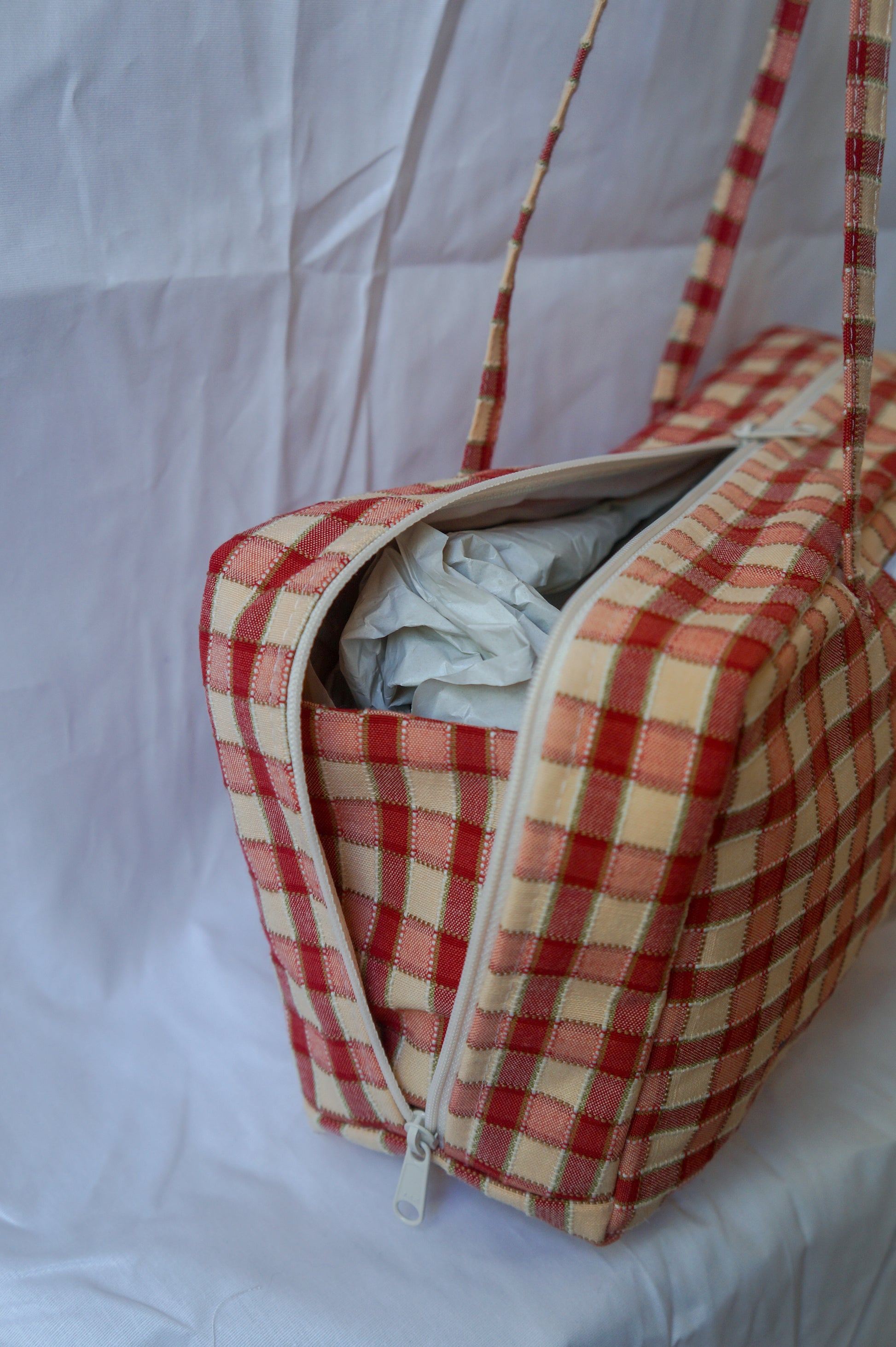 Handmade one of a kind vtg gingham curtain bowler bag