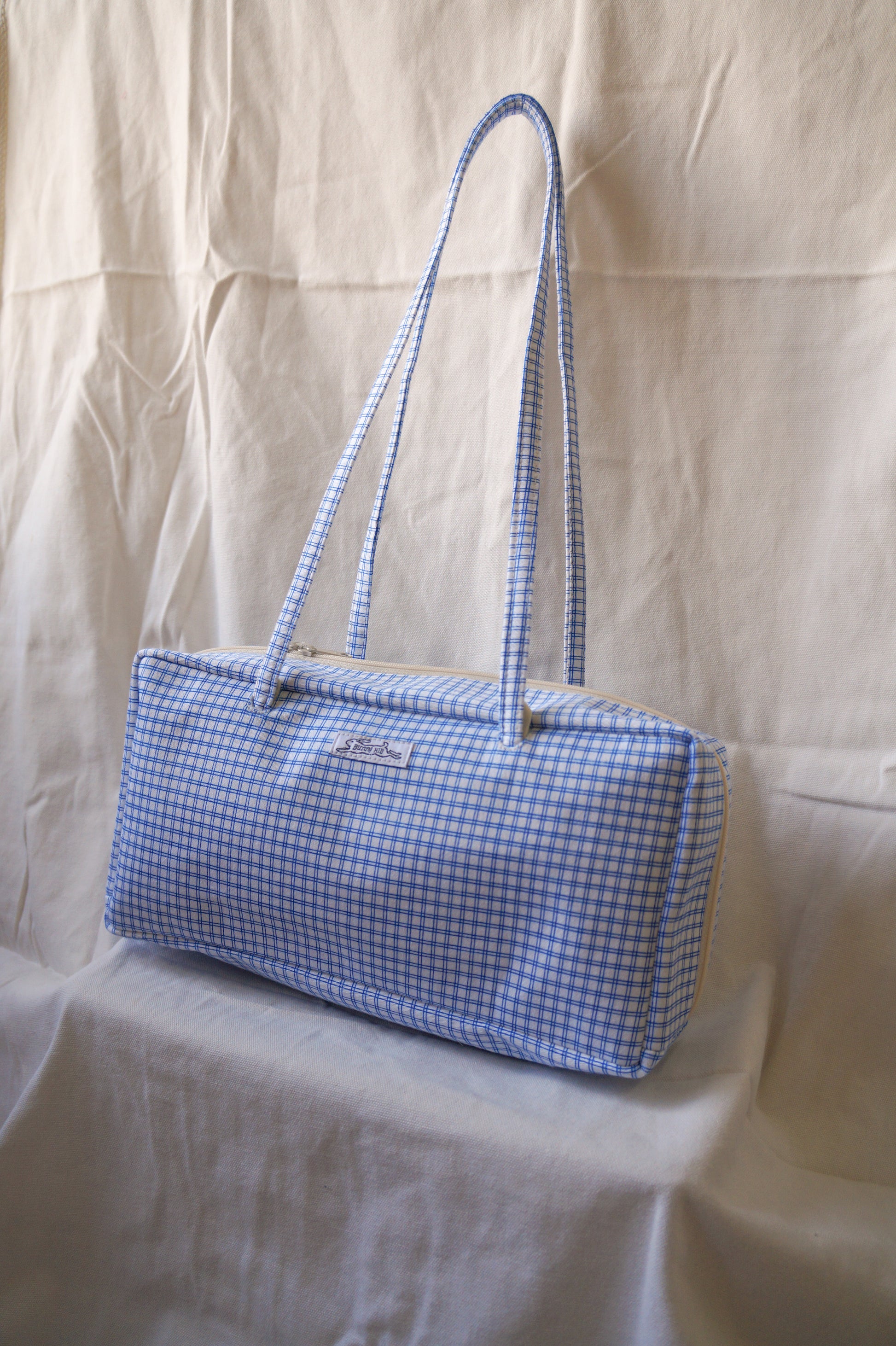 Handmade 1/1 blue windowpane bowler bag