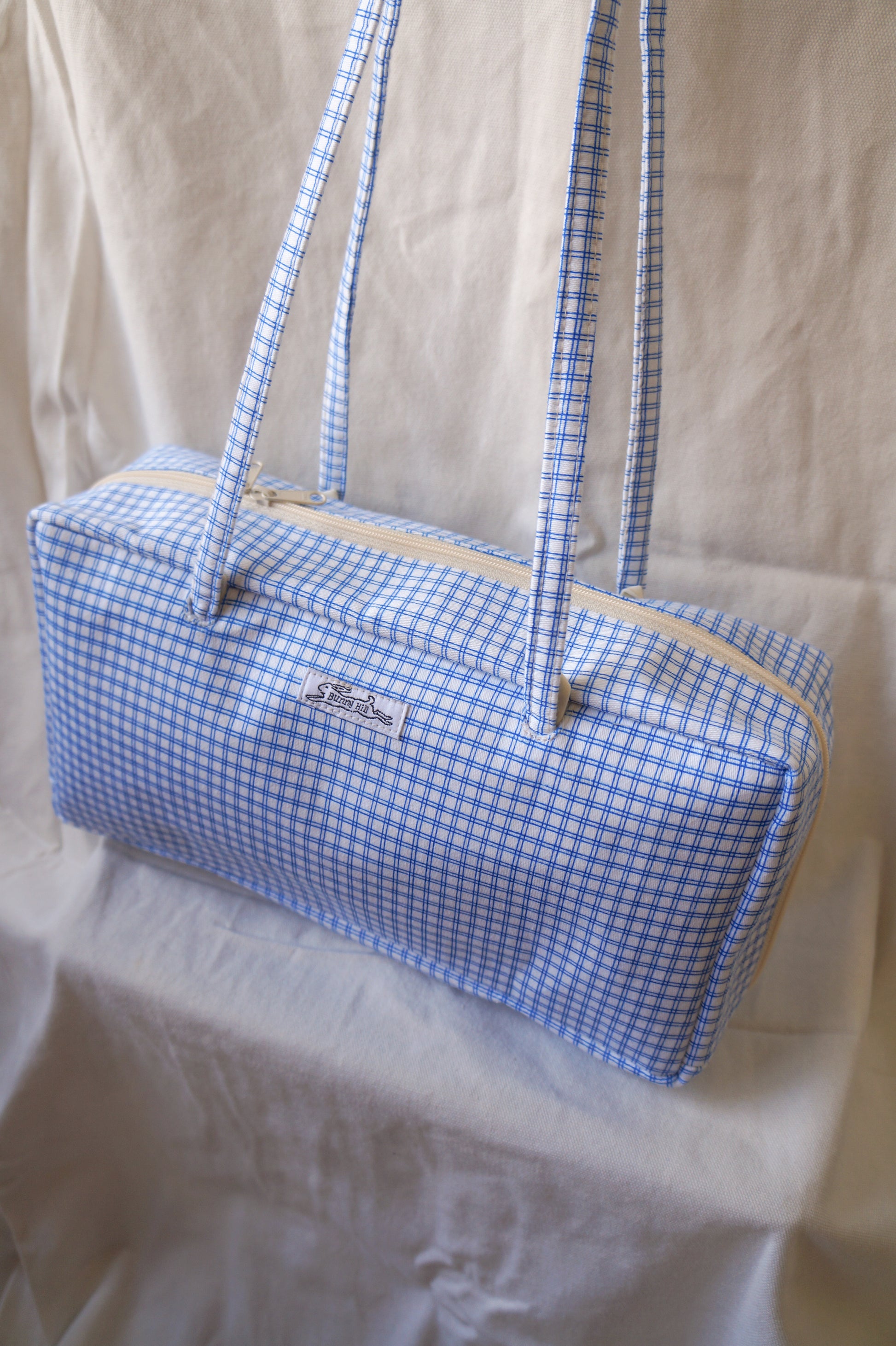 Handmade 1/1 blue windowpane bowler bag