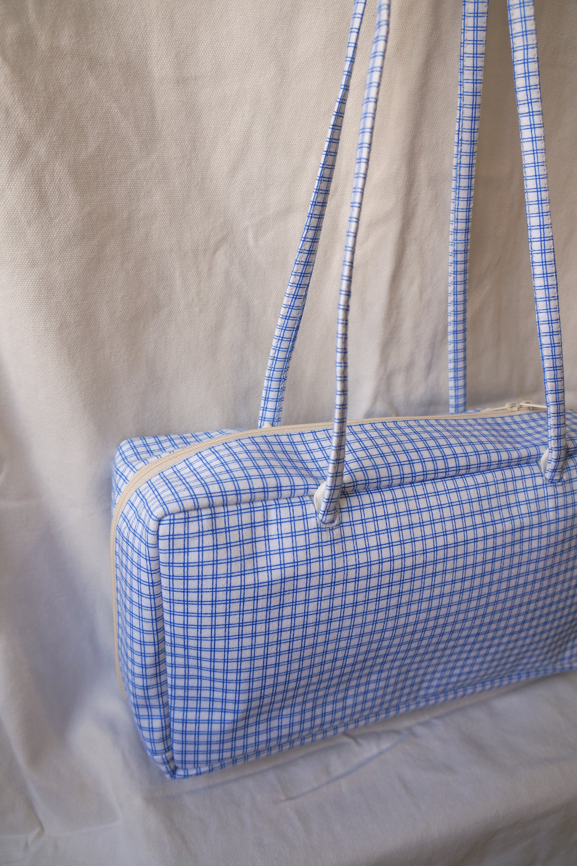 Handmade 1/1 blue windowpane bowler bag