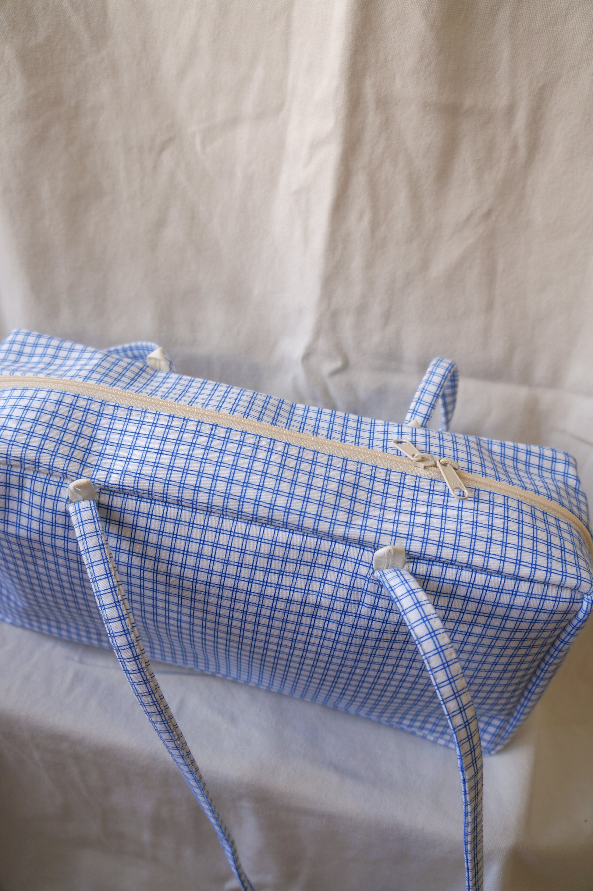 Handmade 1/1 blue windowpane bowler bag