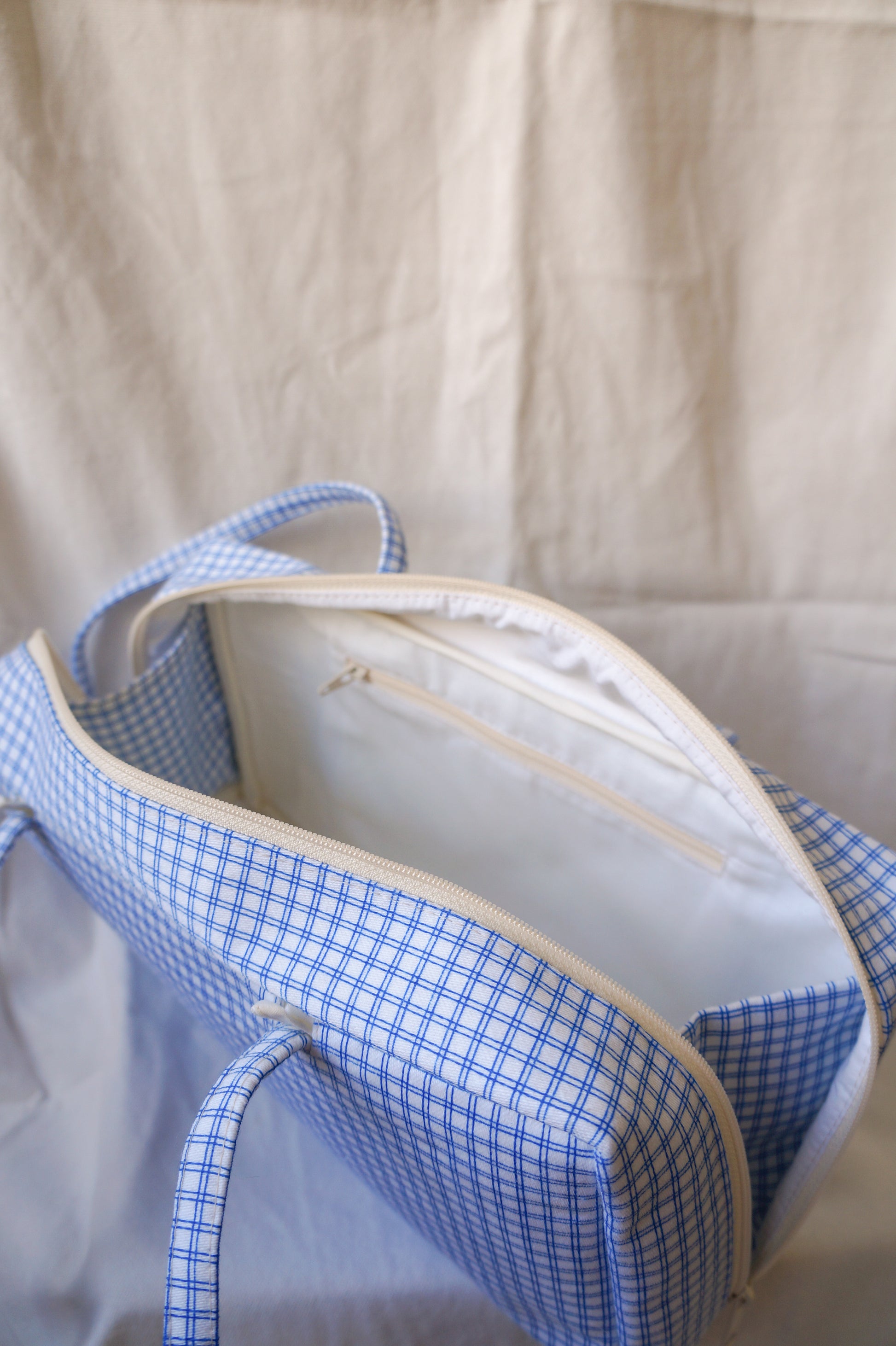 Handmade 1/1 blue windowpane bowler bag
