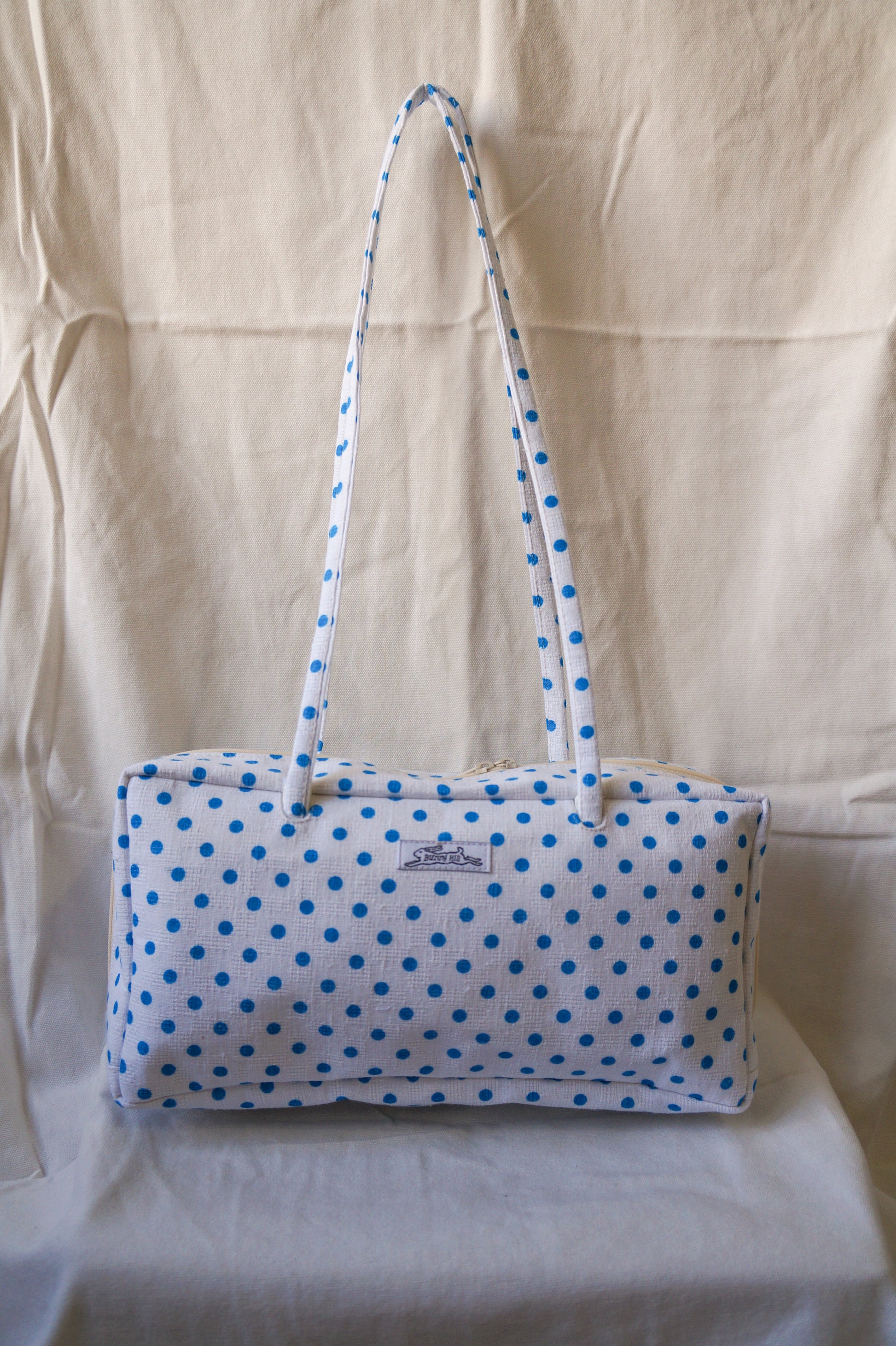 Handmade 1/1 blue polka dot bowler bag