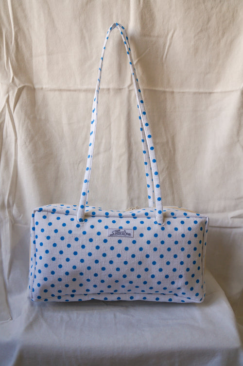 Handmade 1/1 blue polka dot bowler bag