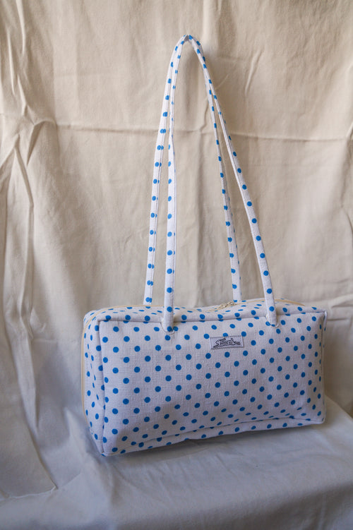 Handmade 1/1 blue polka dot bowler bag