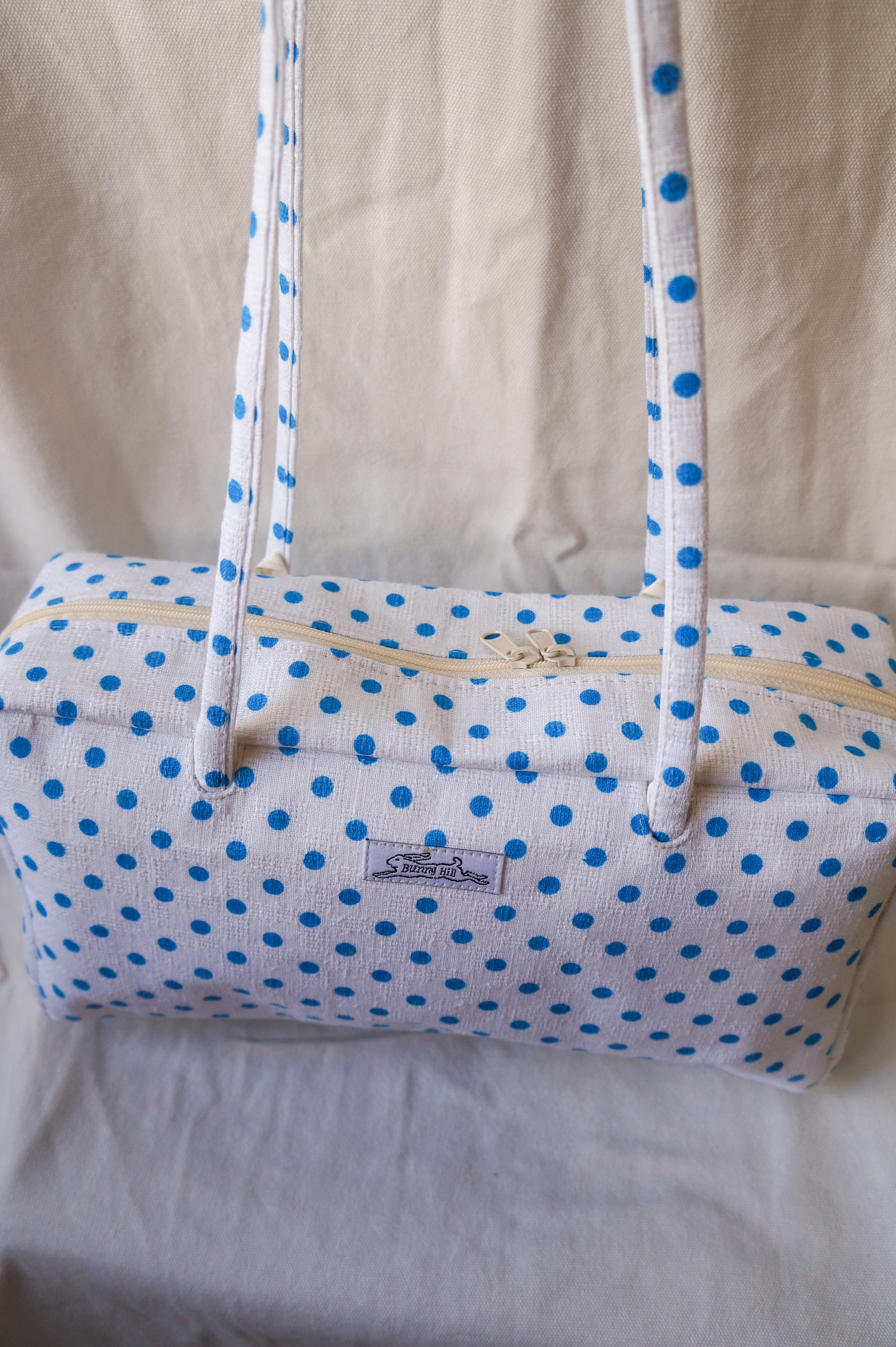 Handmade 1/1 blue polka dot bowler bag