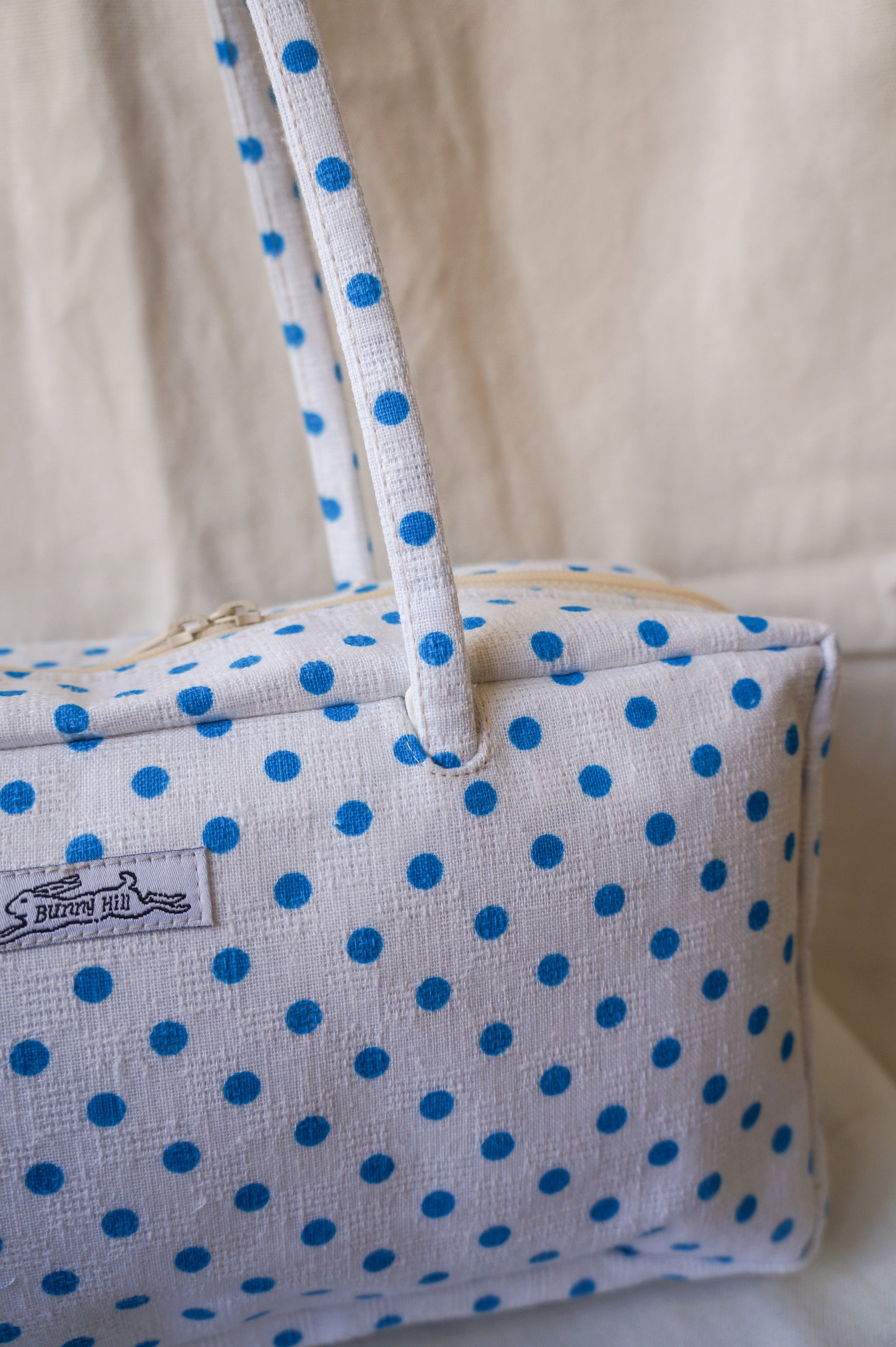 Handmade 1/1 blue polka dot bowler bag