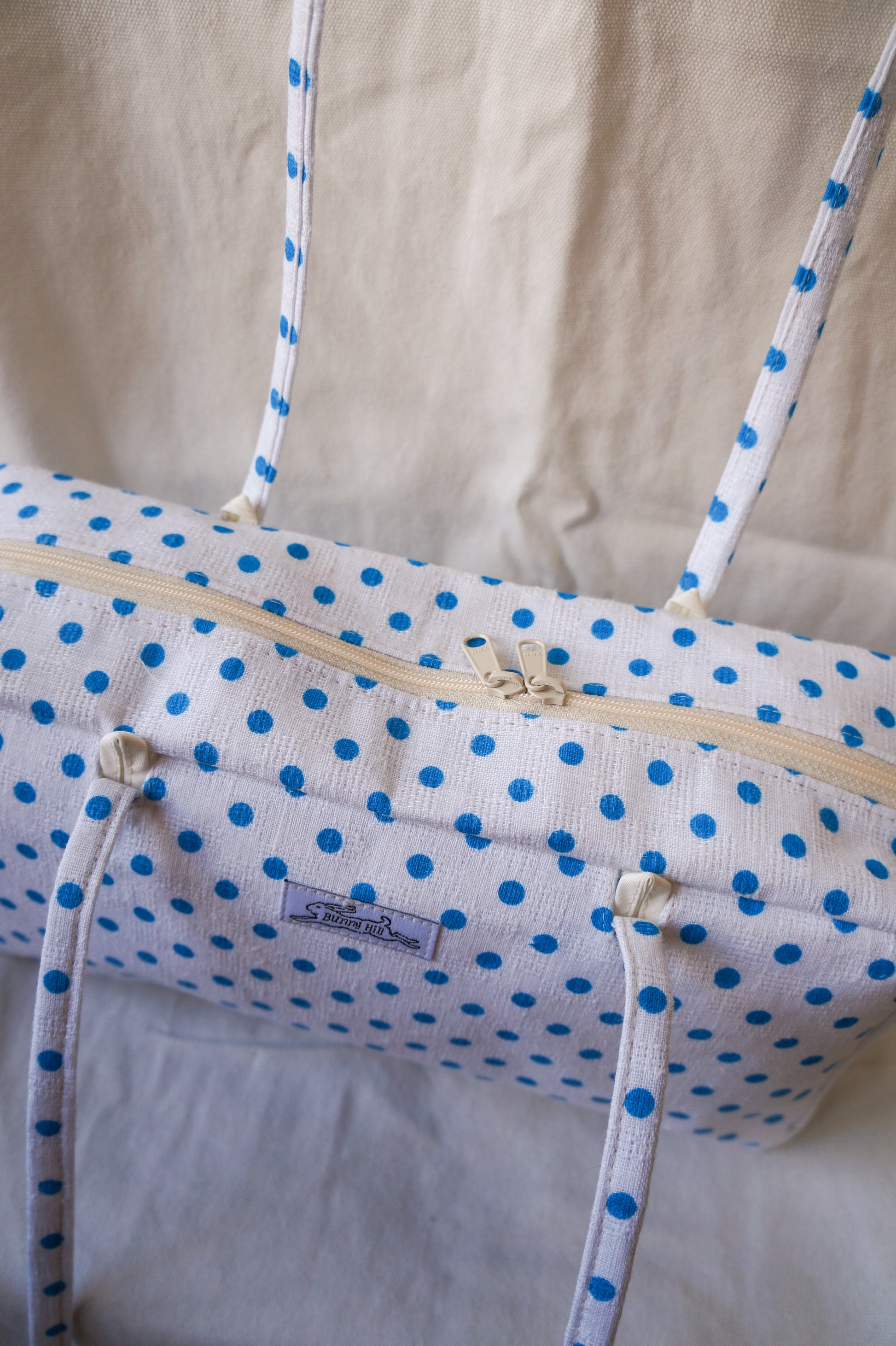 Handmade 1/1 blue polka dot bowler bag