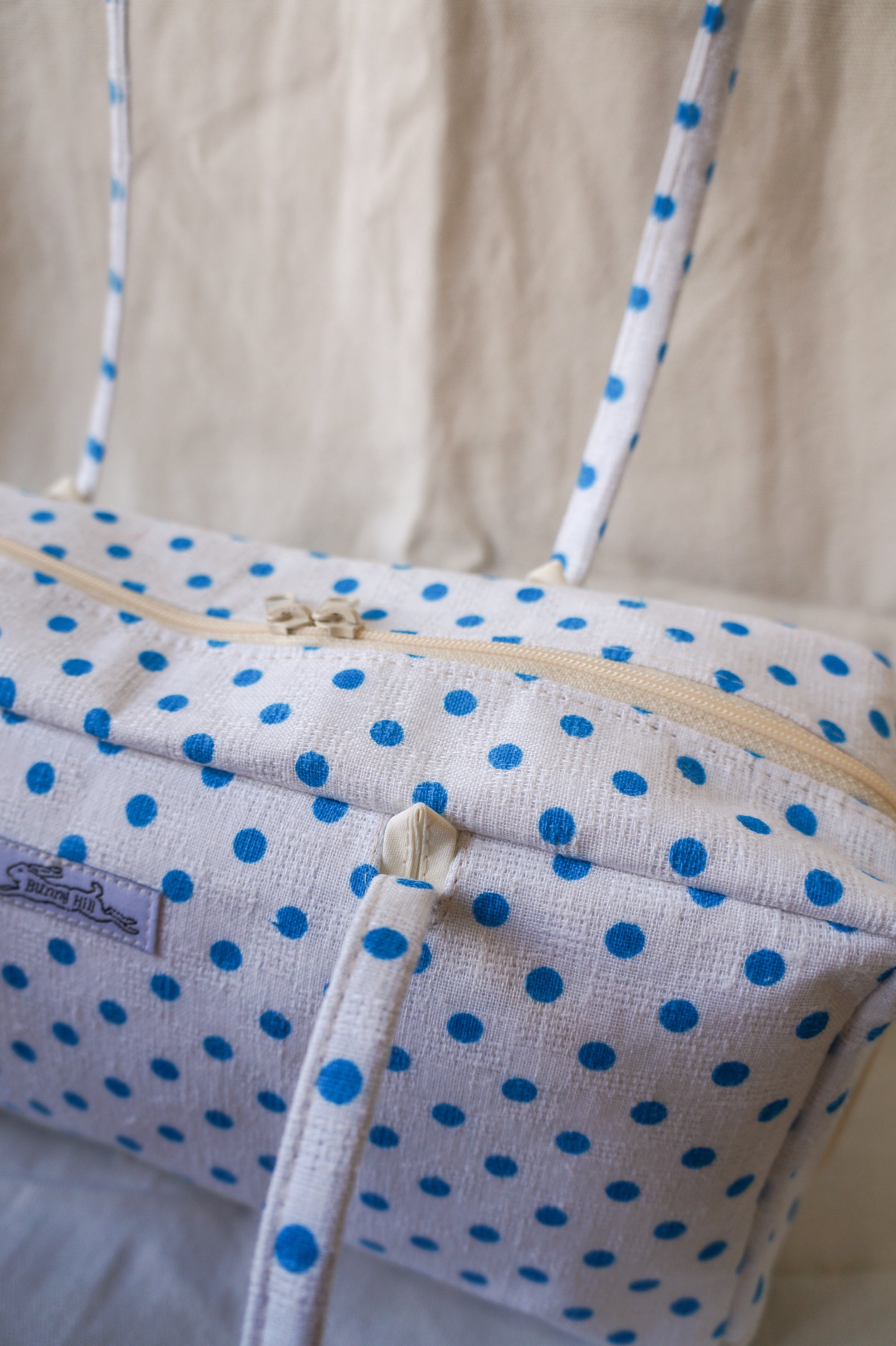 Handmade 1/1 blue polka dot bowler bag