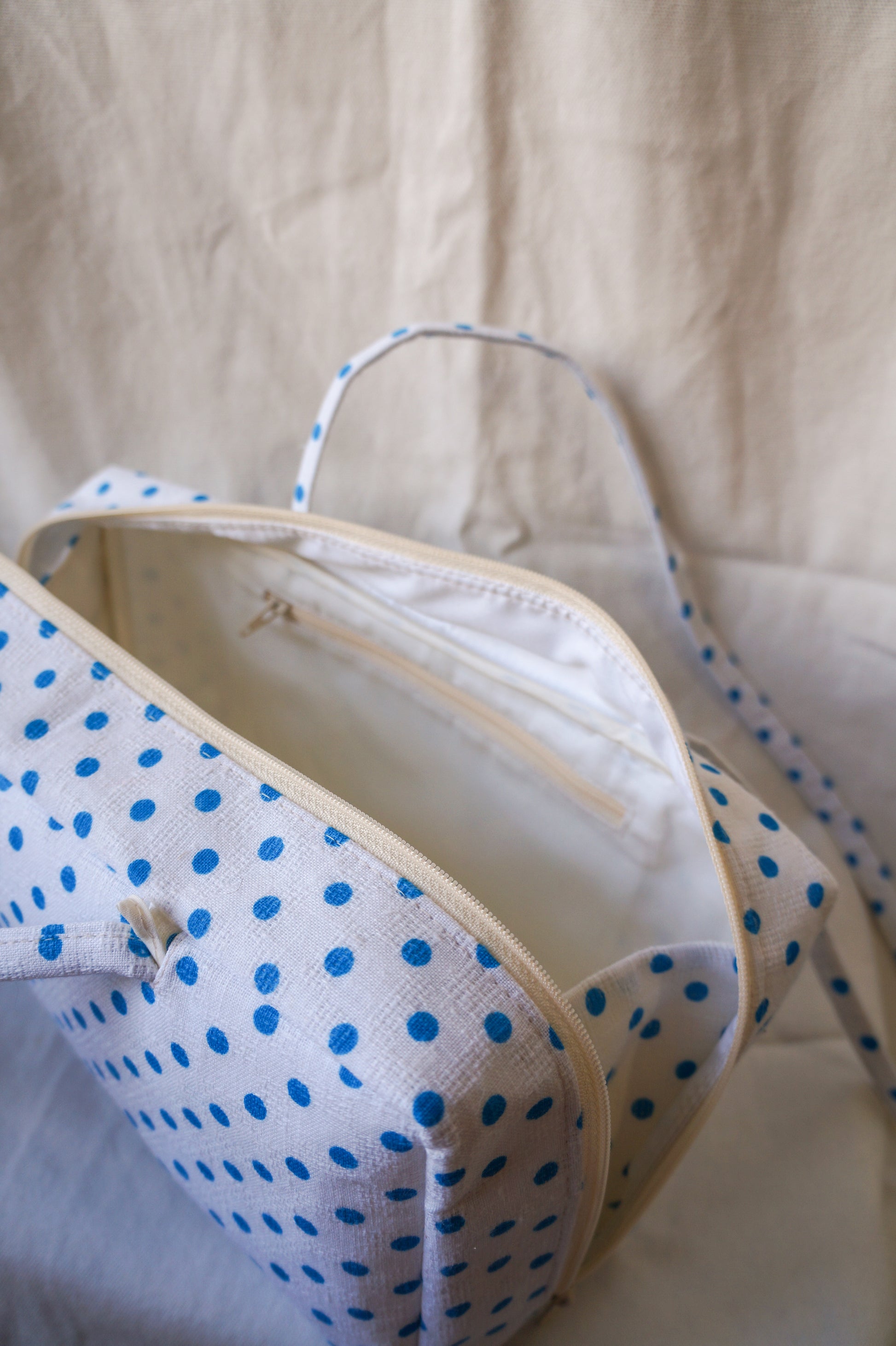 Handmade 1/1 blue polka dot bowler bag