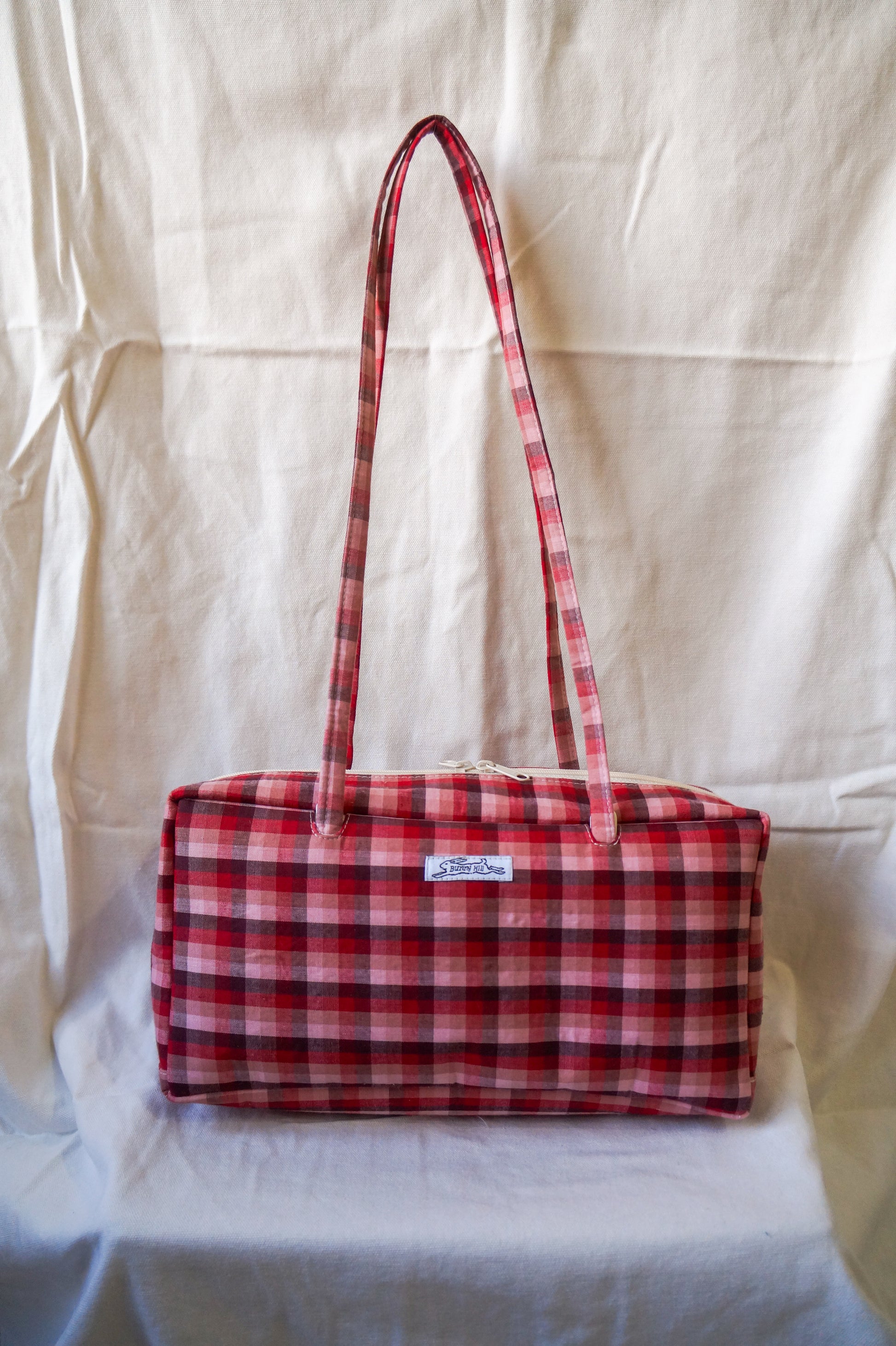 Handmade 1/1 raspberry plaid bowler bag