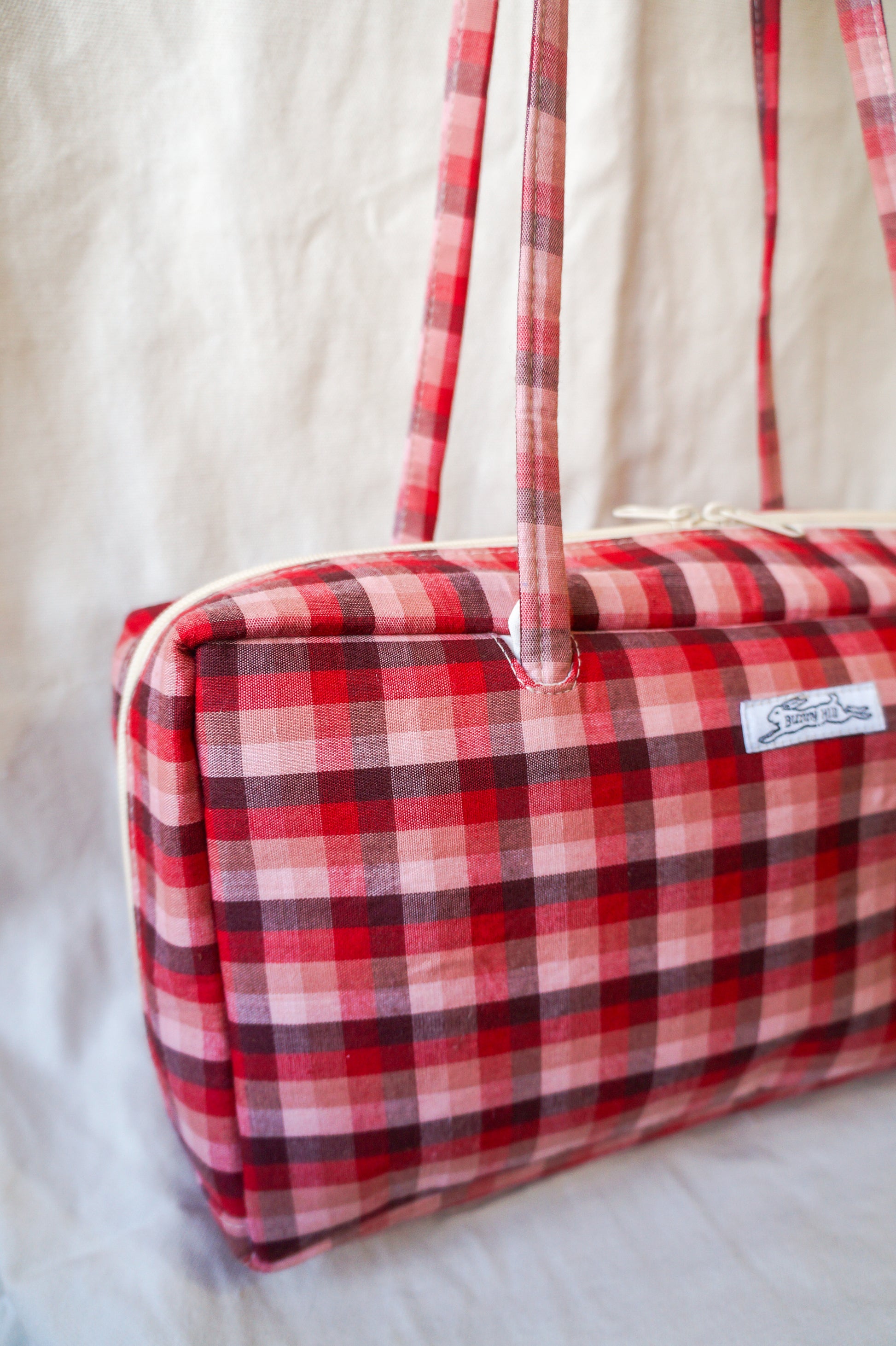 Handmade 1/1 raspberry plaid bowler bag