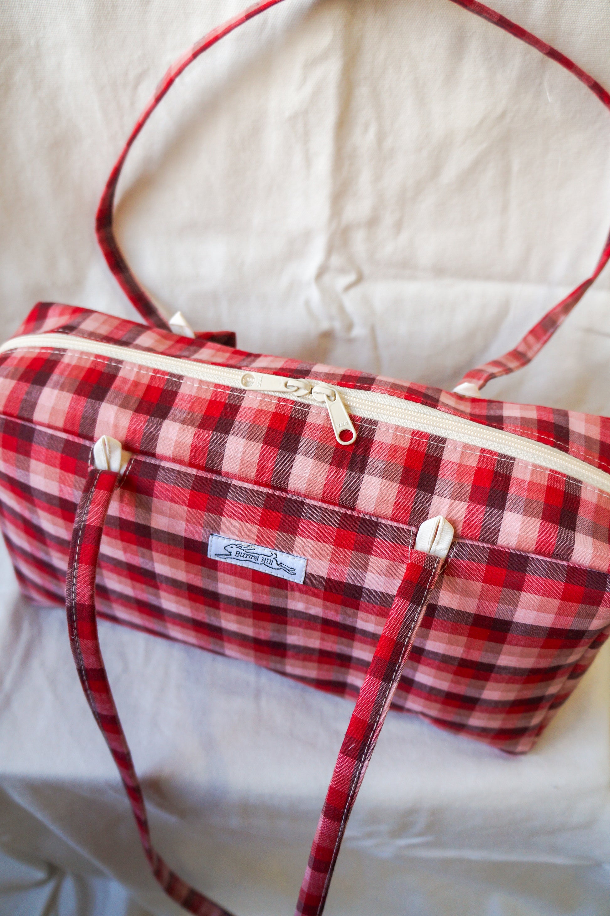 Handmade 1/1 raspberry plaid bowler bag