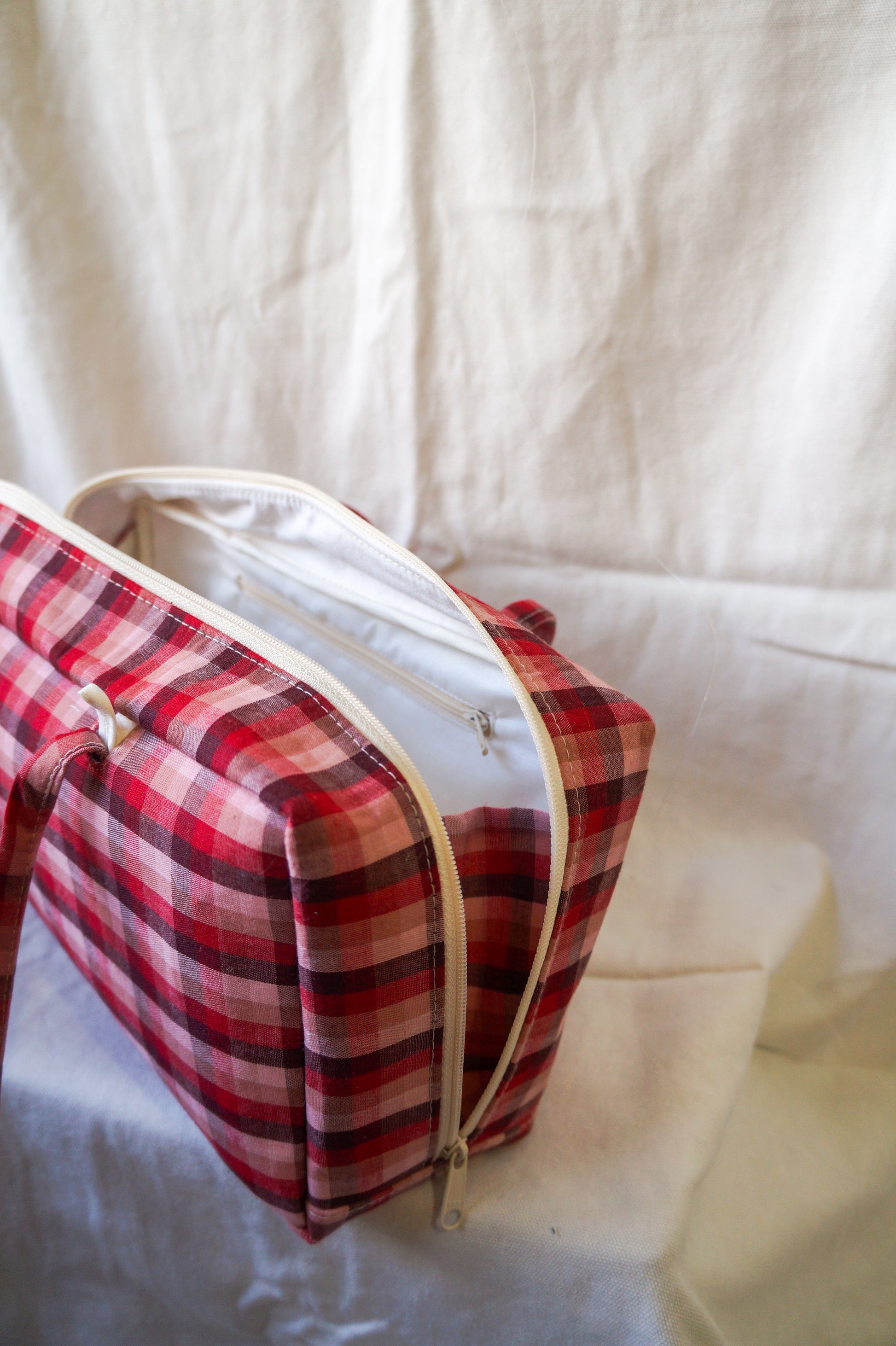 Handmade 1/1 raspberry plaid bowler bag