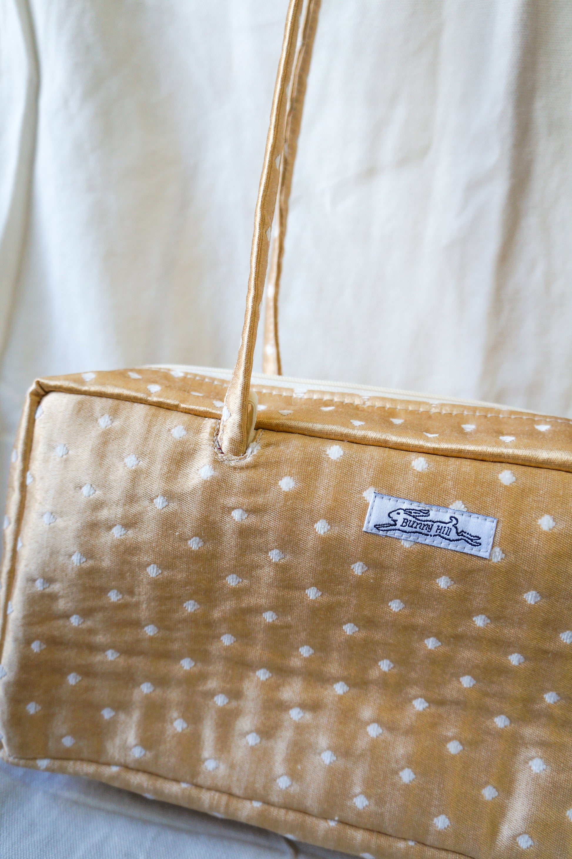 Handmade 1/1 gold polka dot upholstery bowler bag