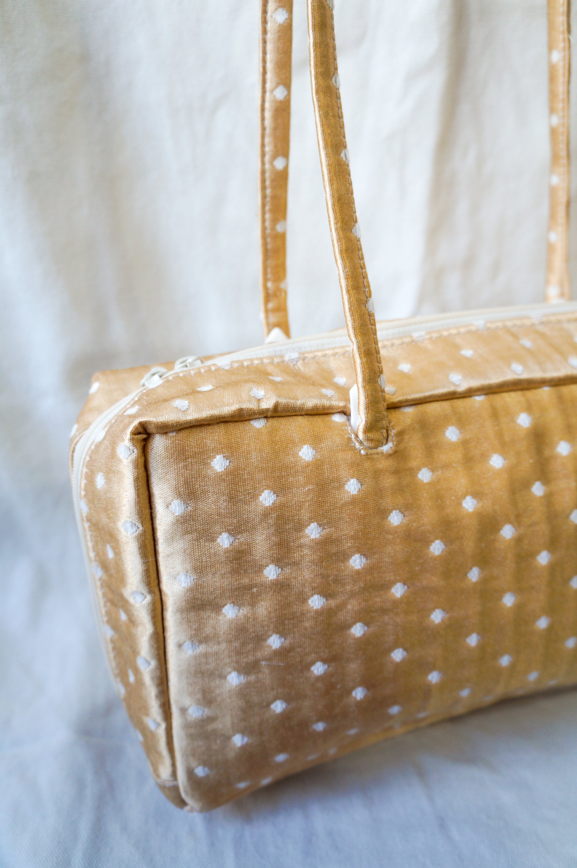 Handmade 1/1 gold polka dot upholstery bowler bag