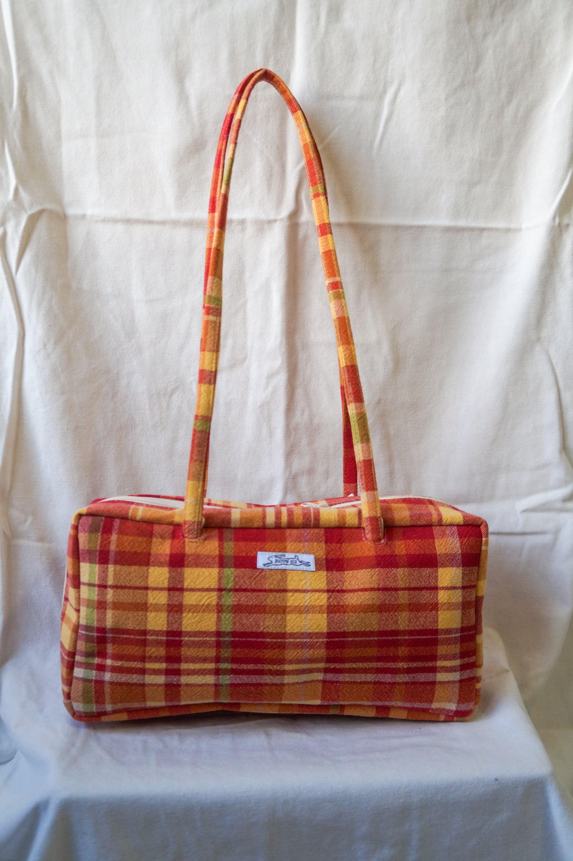 Handmade 1/1 red & orange plaid bowler bag
