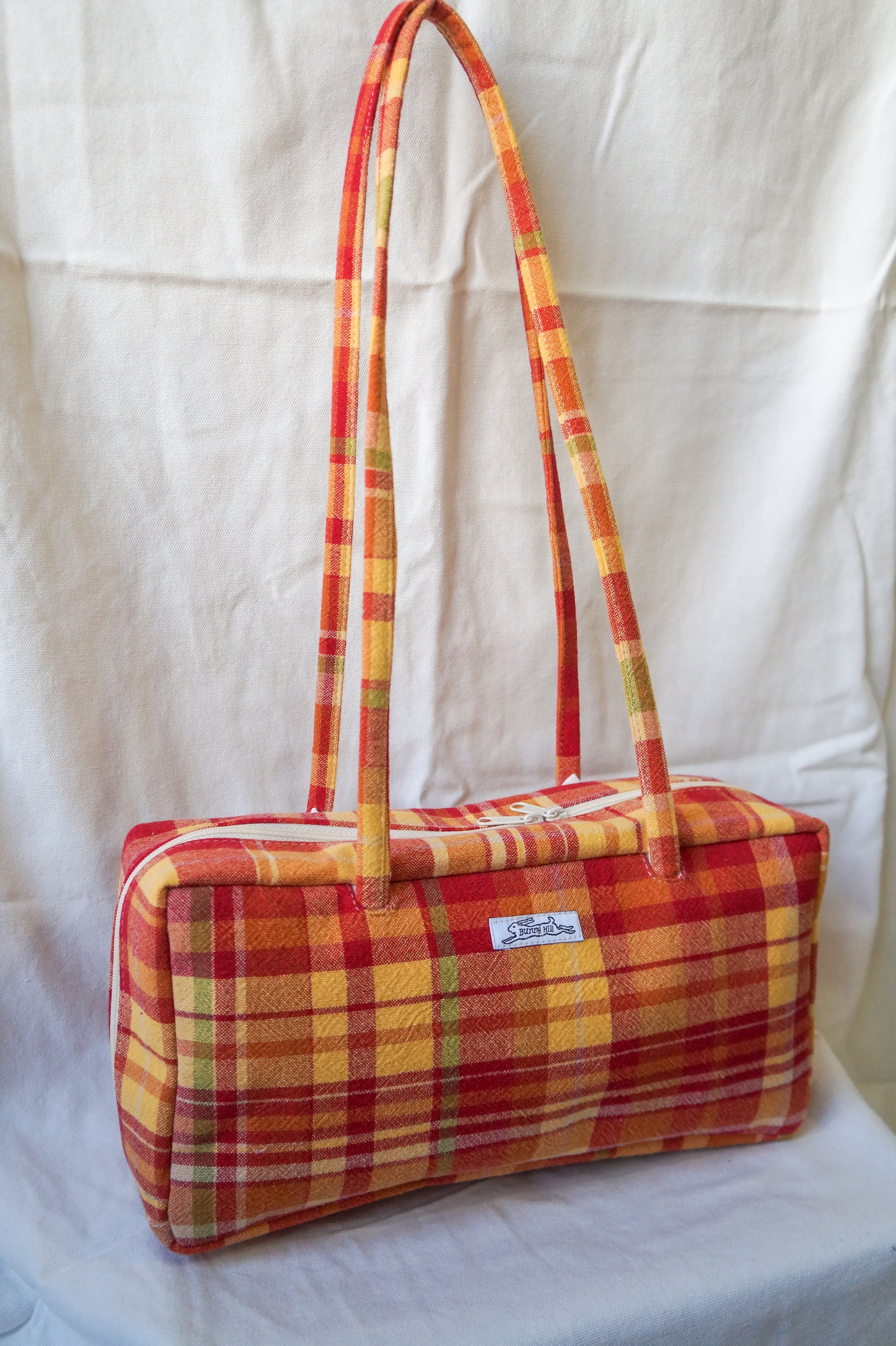 Handmade 1/1 red & orange plaid bowler bag