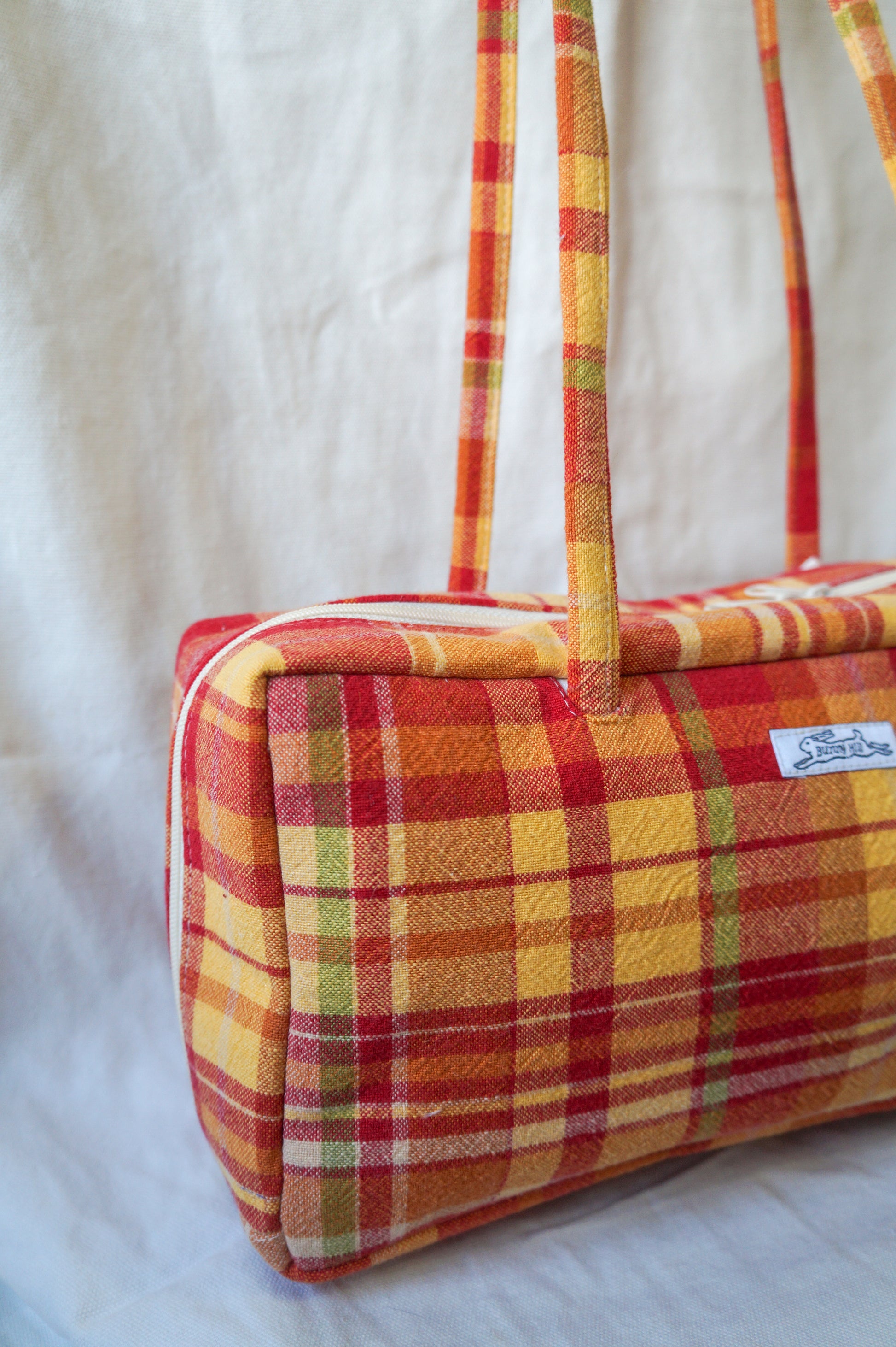 Handmade 1/1 red & orange plaid bowler bag