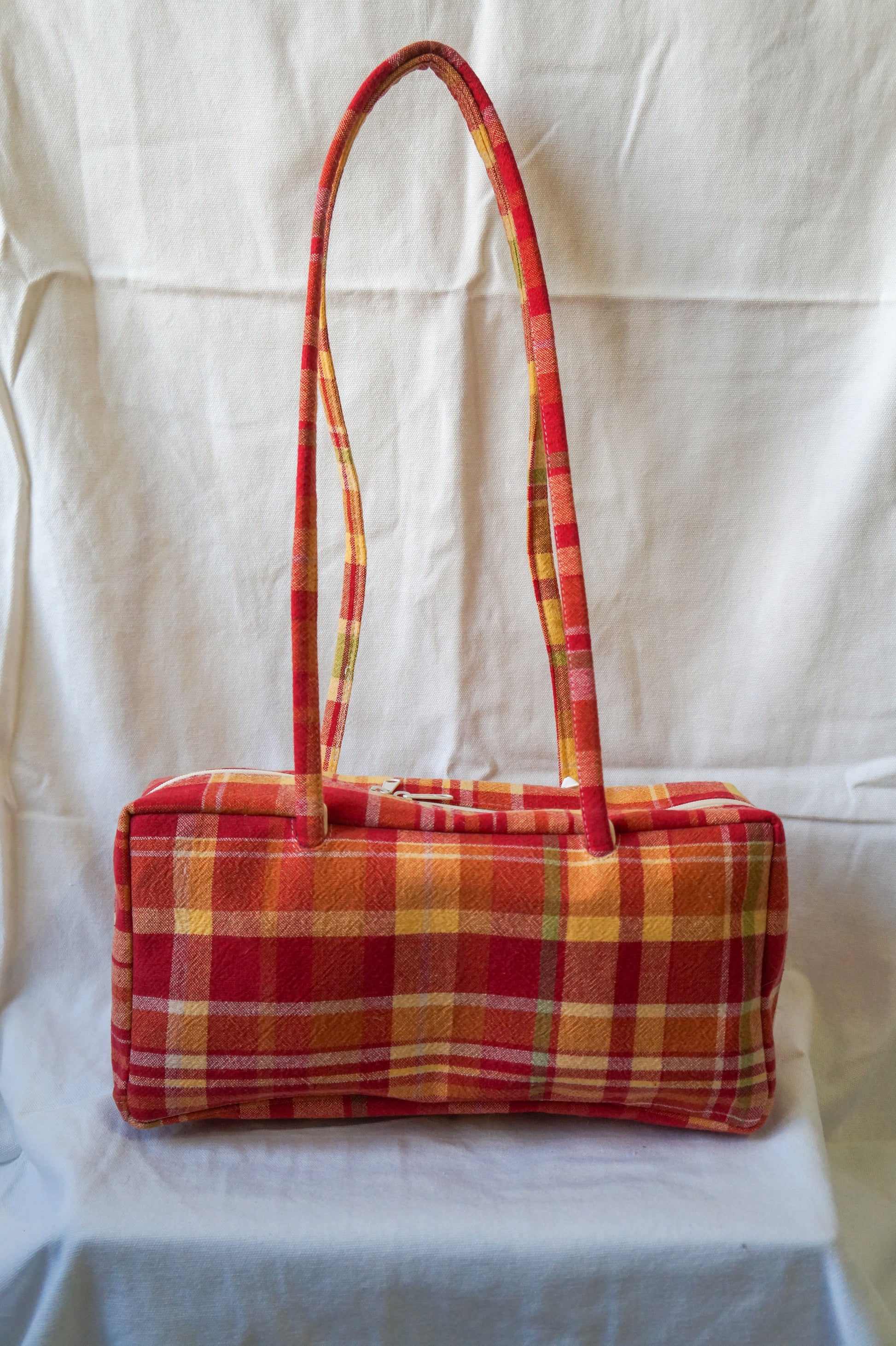 Handmade 1/1 red & orange plaid bowler bag