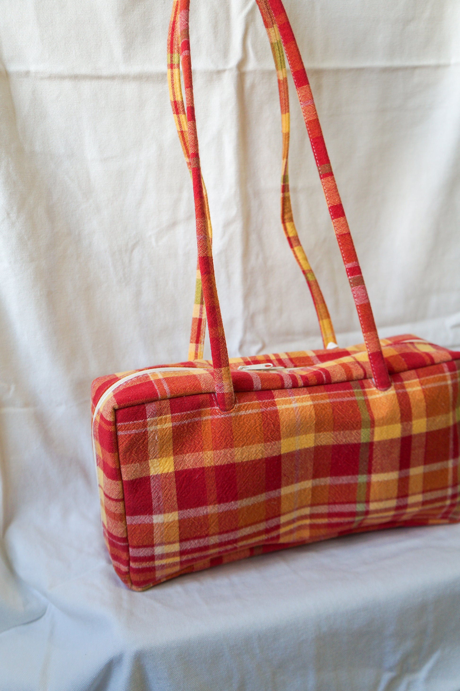 Handmade 1/1 red & orange plaid bowler bag