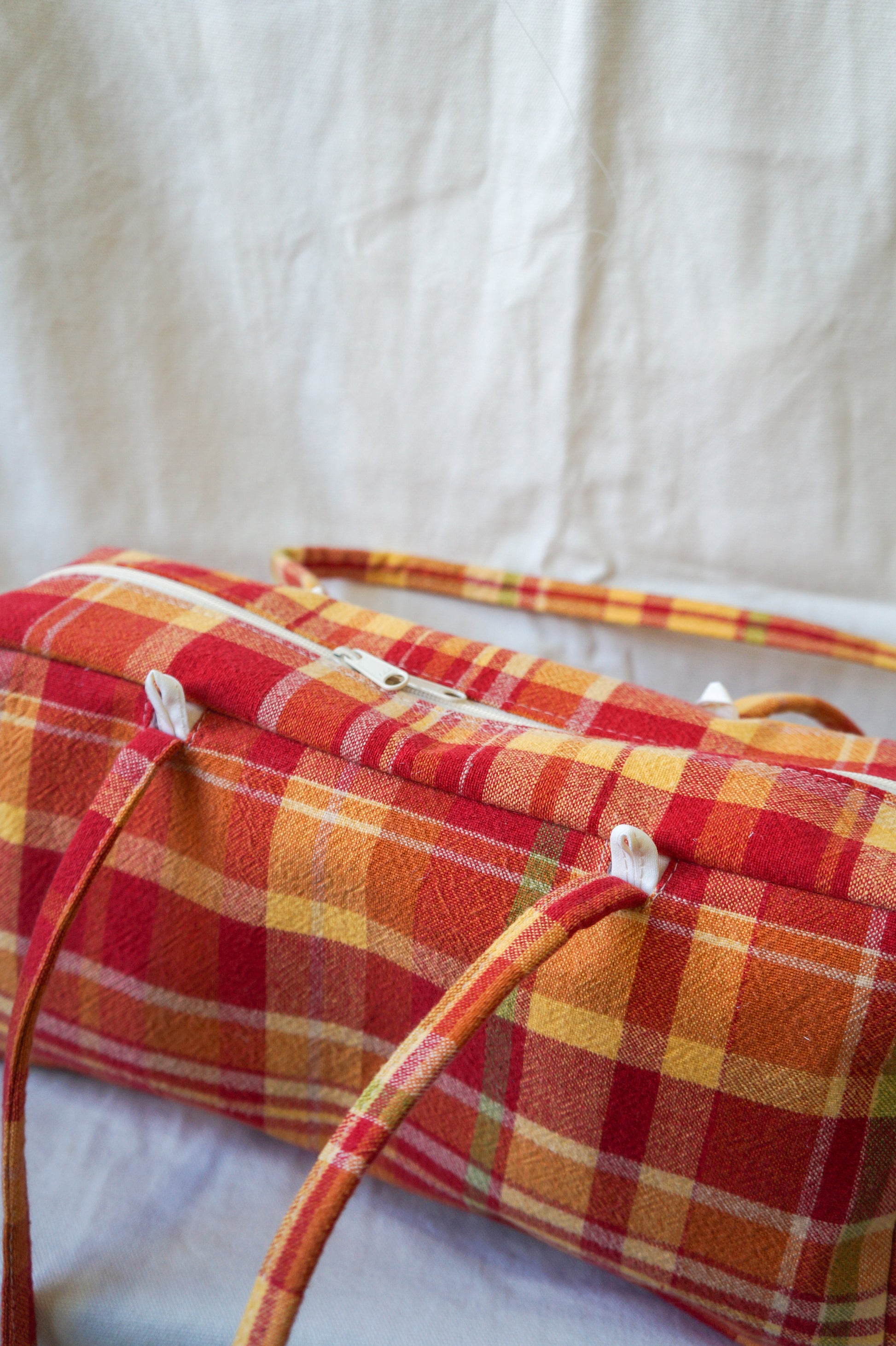 Handmade 1/1 red & orange plaid bowler bag