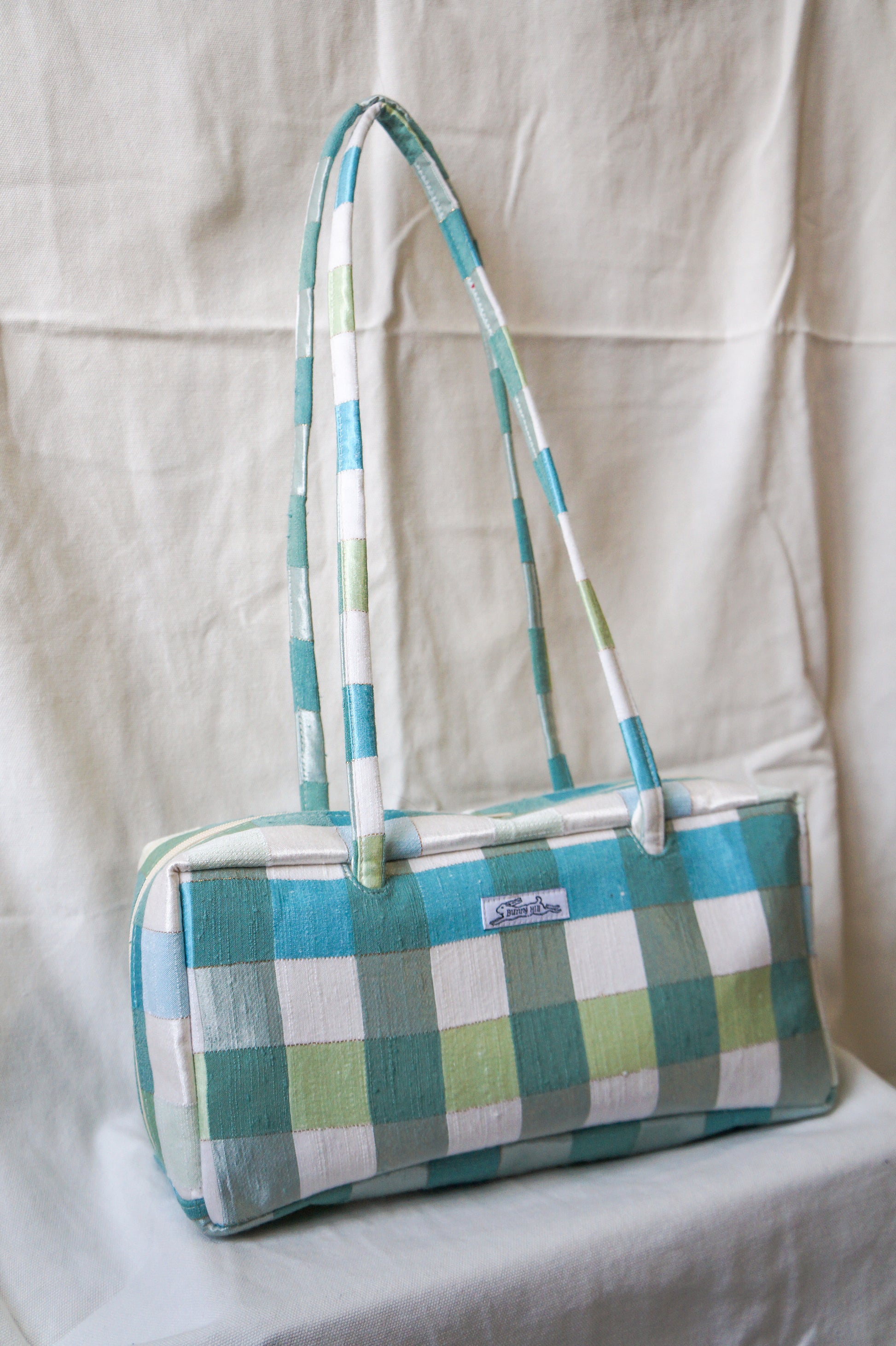 Handmade 1/1 green shimmer plaid bowler bag