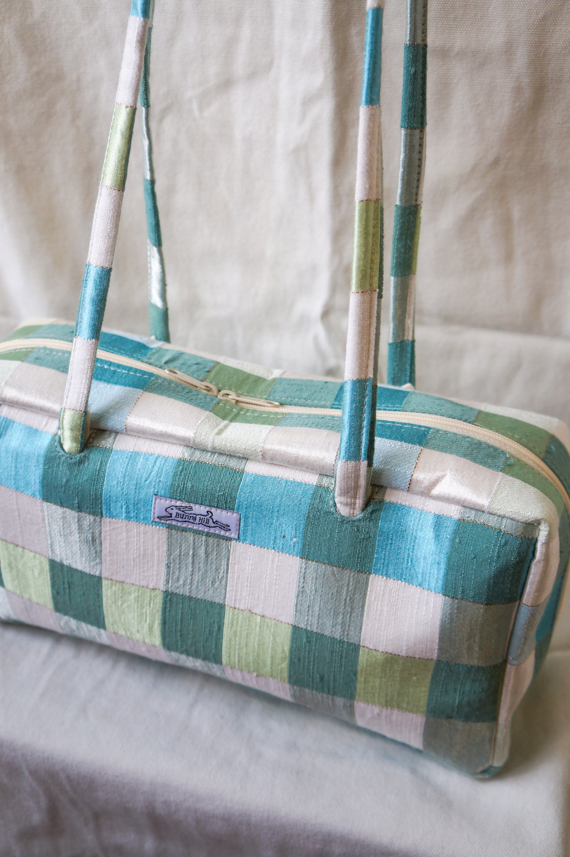 Handmade 1/1 green shimmer plaid bowler bag