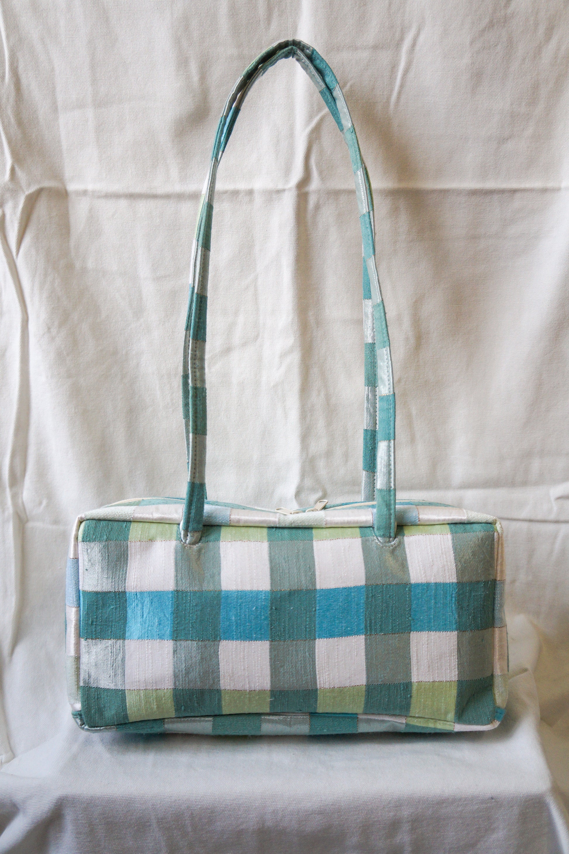 Handmade 1/1 green shimmer plaid bowler bag