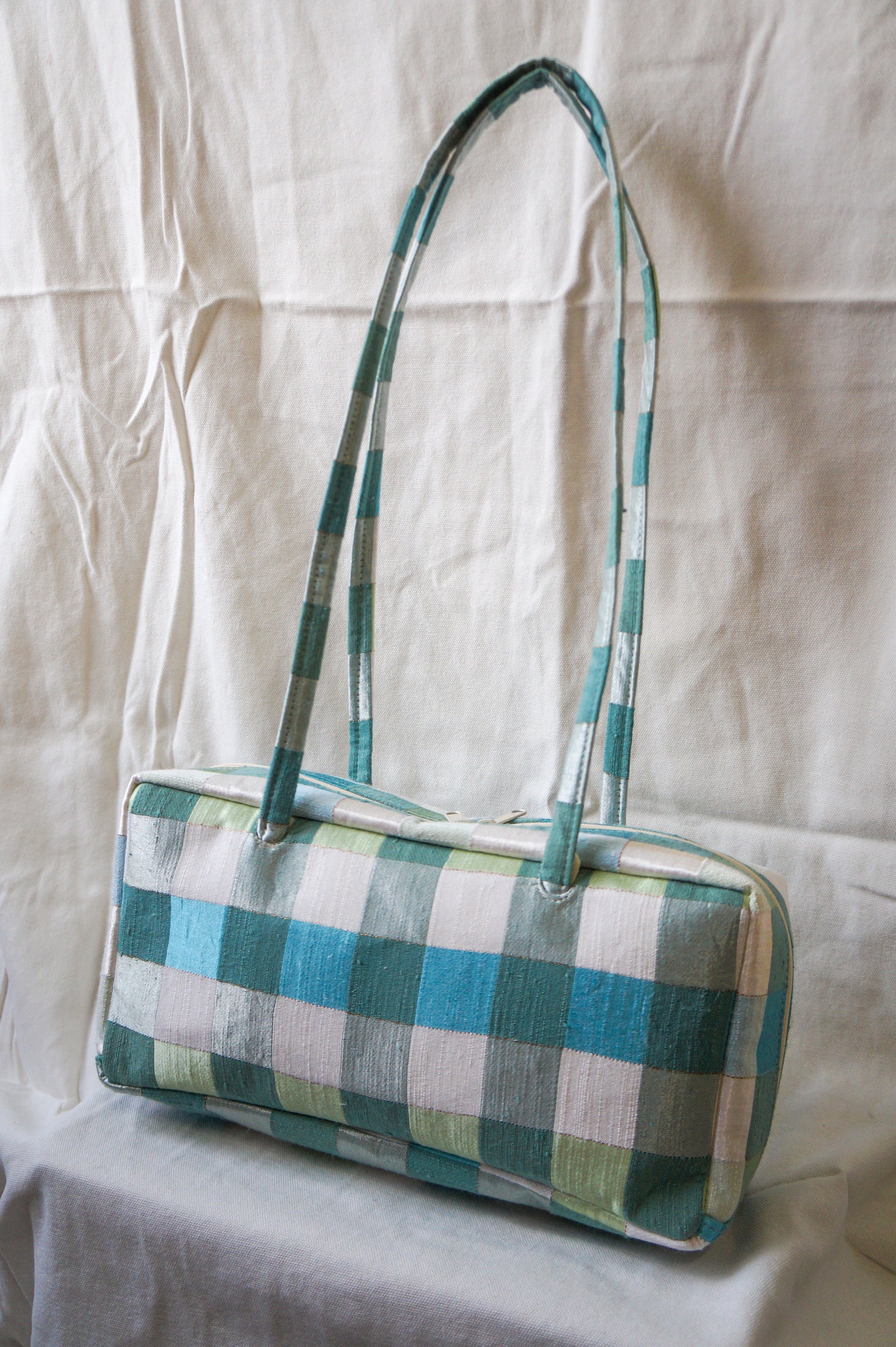 Handmade 1/1 green shimmer plaid bowler bag