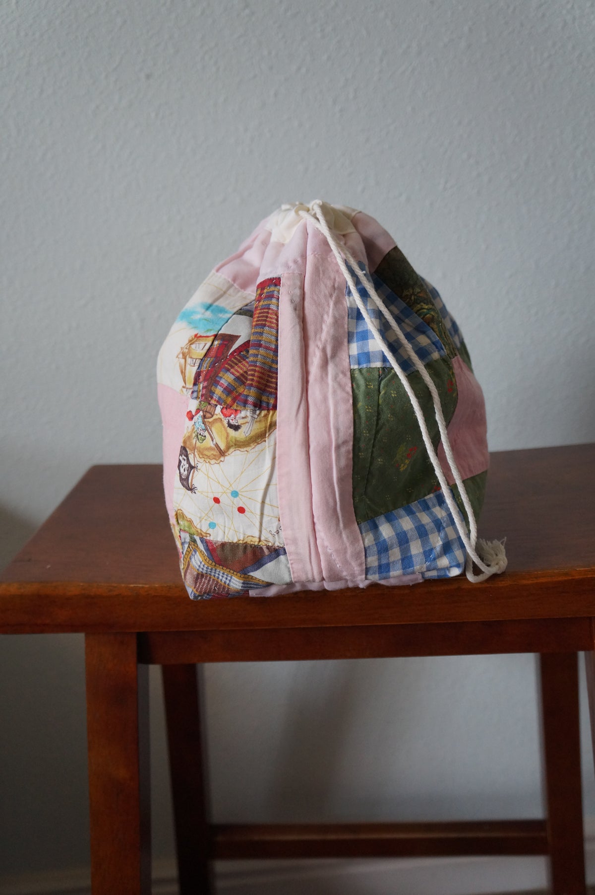 Handmade medium 1/1 vintage pink patchwork quilt drawstring bag