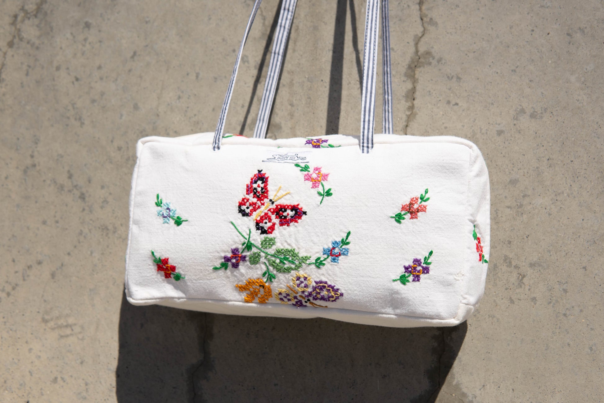 Handmade vtg embroidered butterfly bowler bag