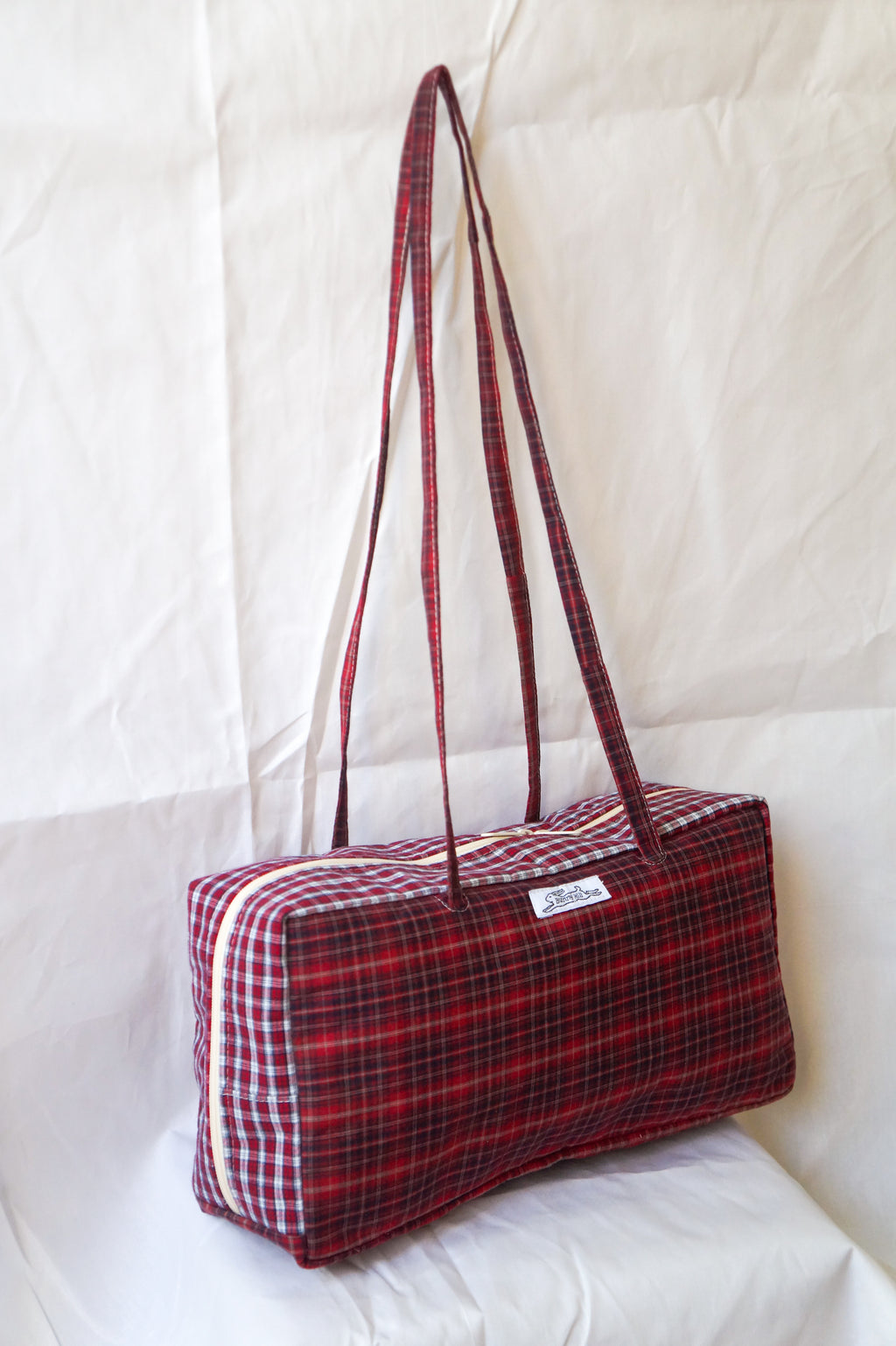 Handmade one of a kind red plaid cotton bowler bag
