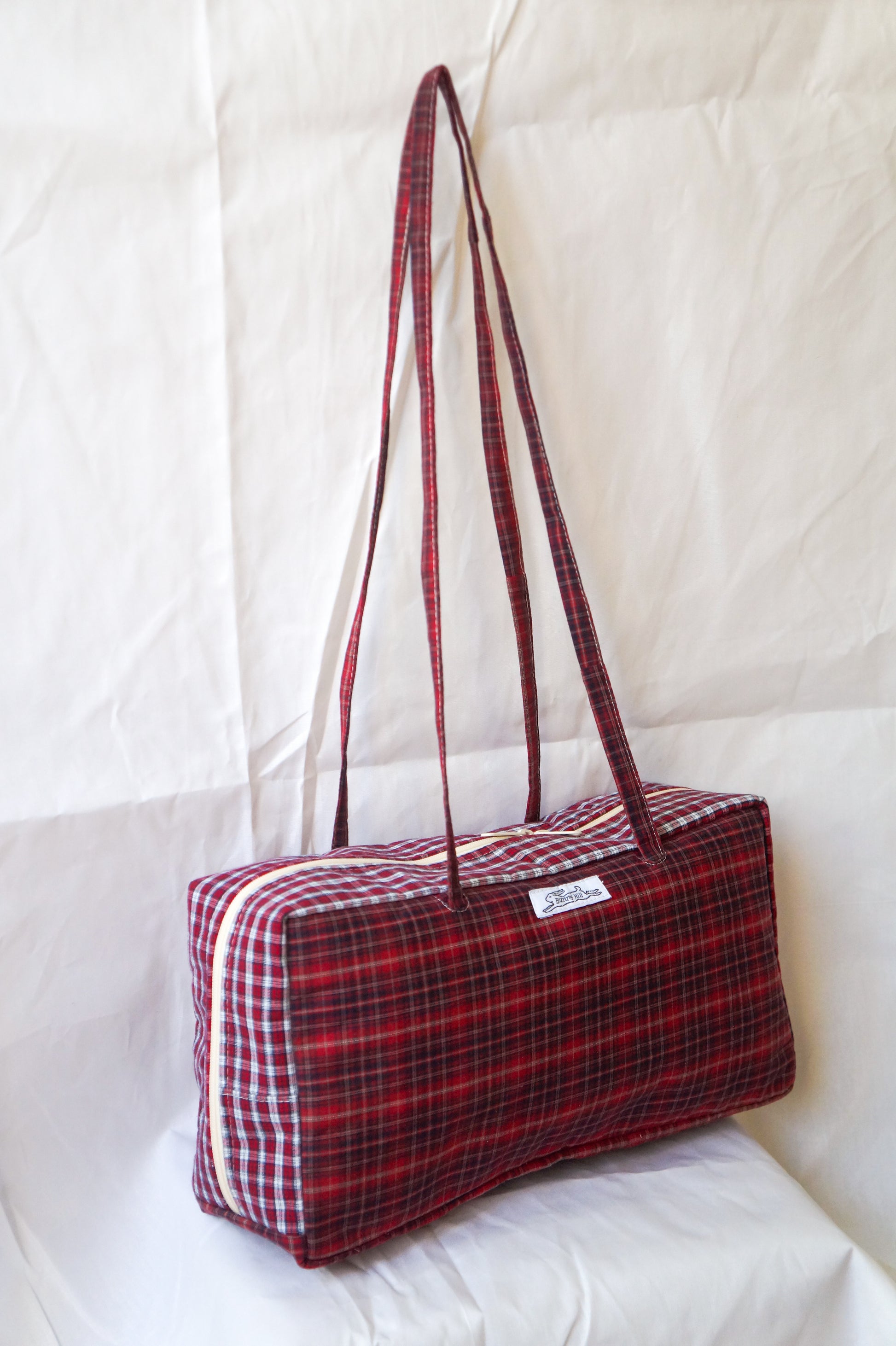Handmade one of a kind red plaid cotton bowler bag