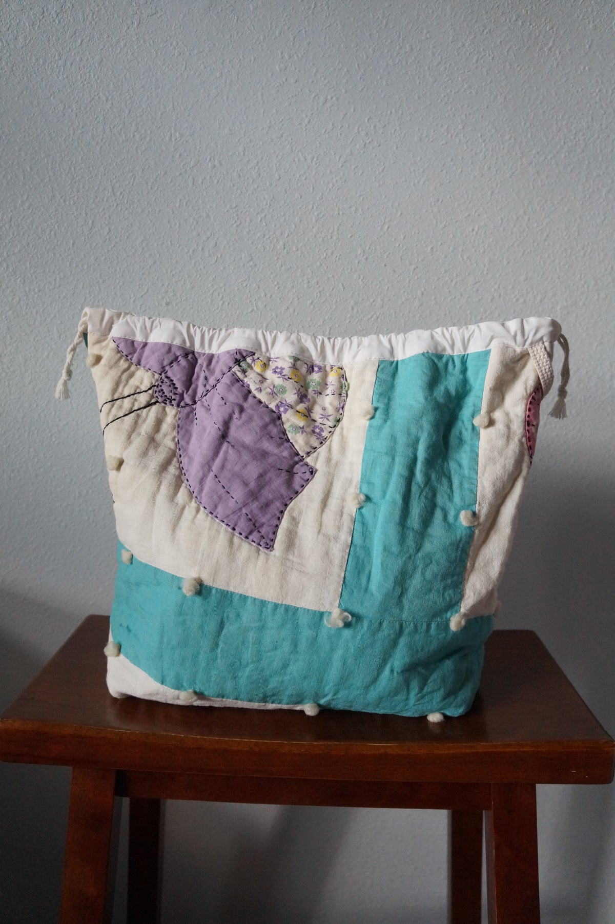 Handmade medium 1/1 vintage butterfly quilt drawstring bag