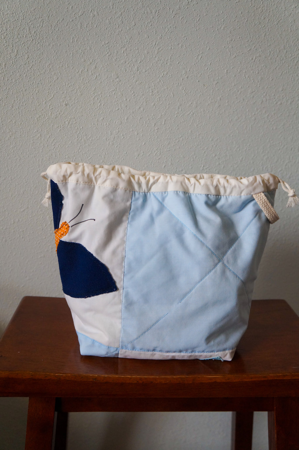 Handmade medium 1/1 vintage butterfly quilt drawstring bag