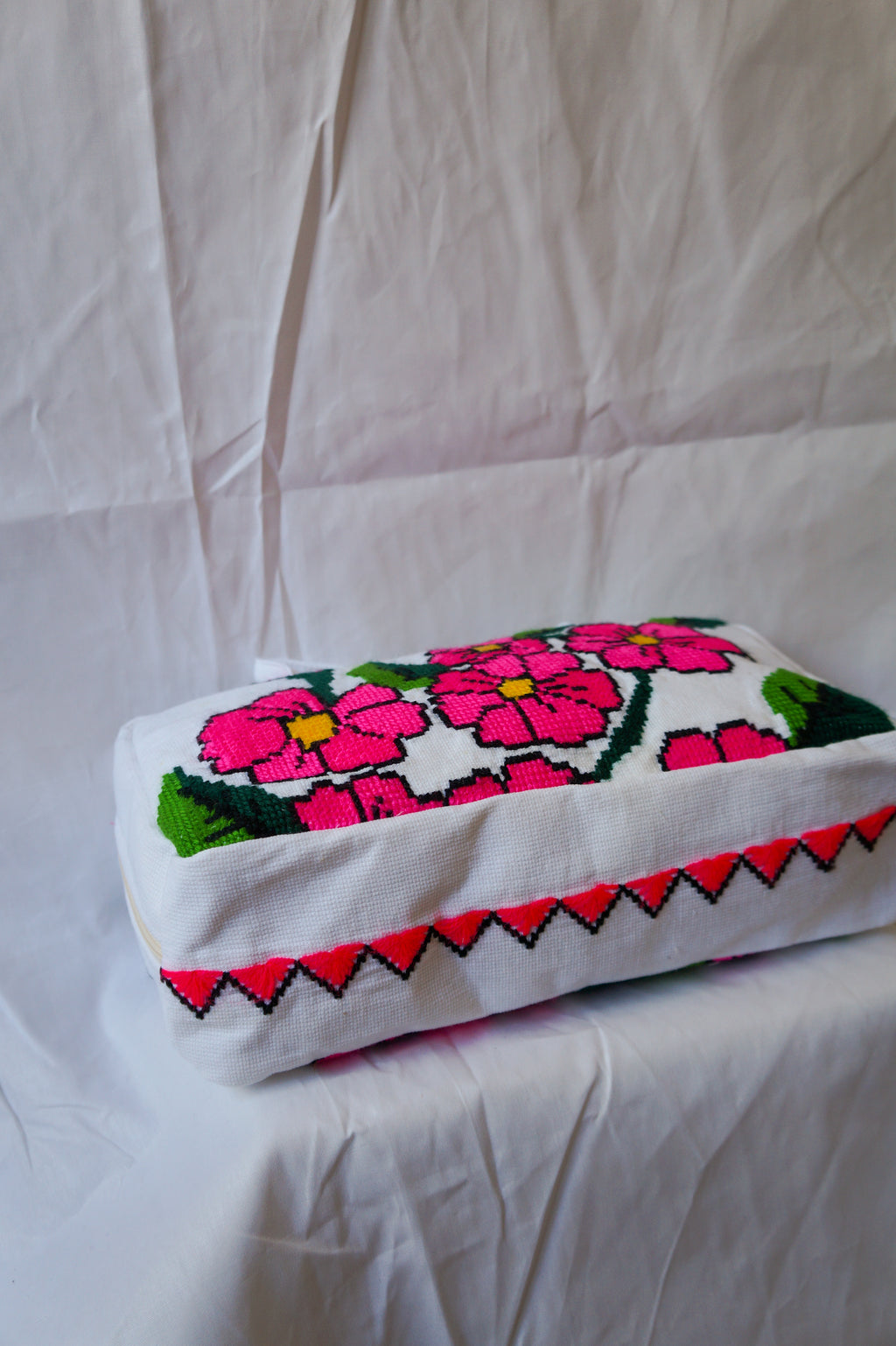 Handmade hot pink flower embroidery bowler bag