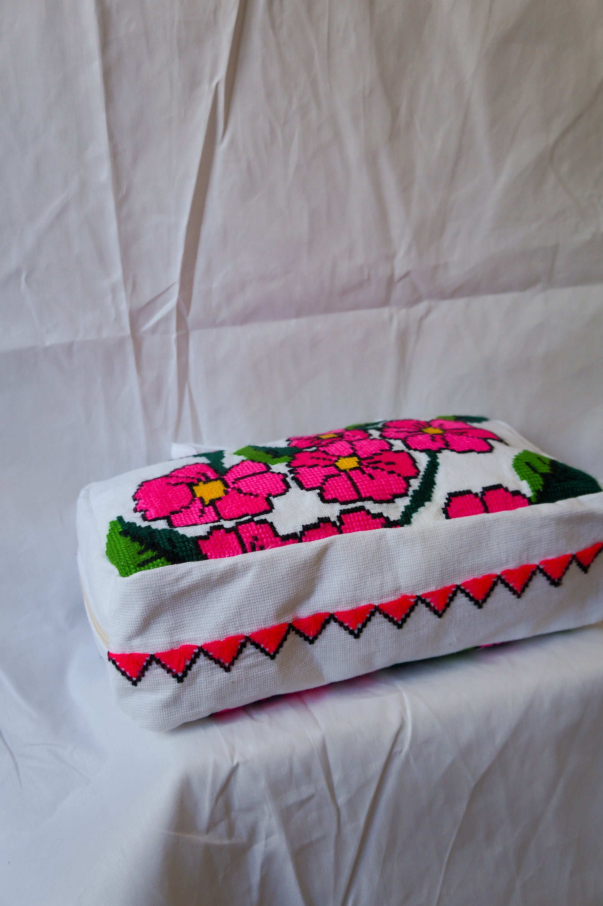 Handmade hot pink flower embroidery bowler bag
