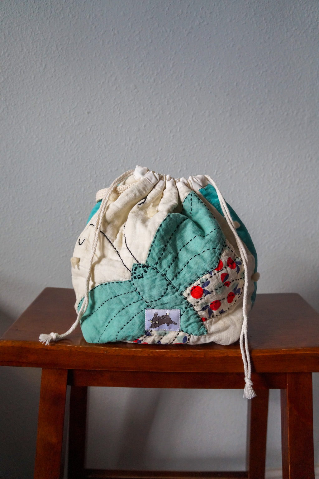Handmade medium 1/1 vintage butterfly quilt drawstring bag