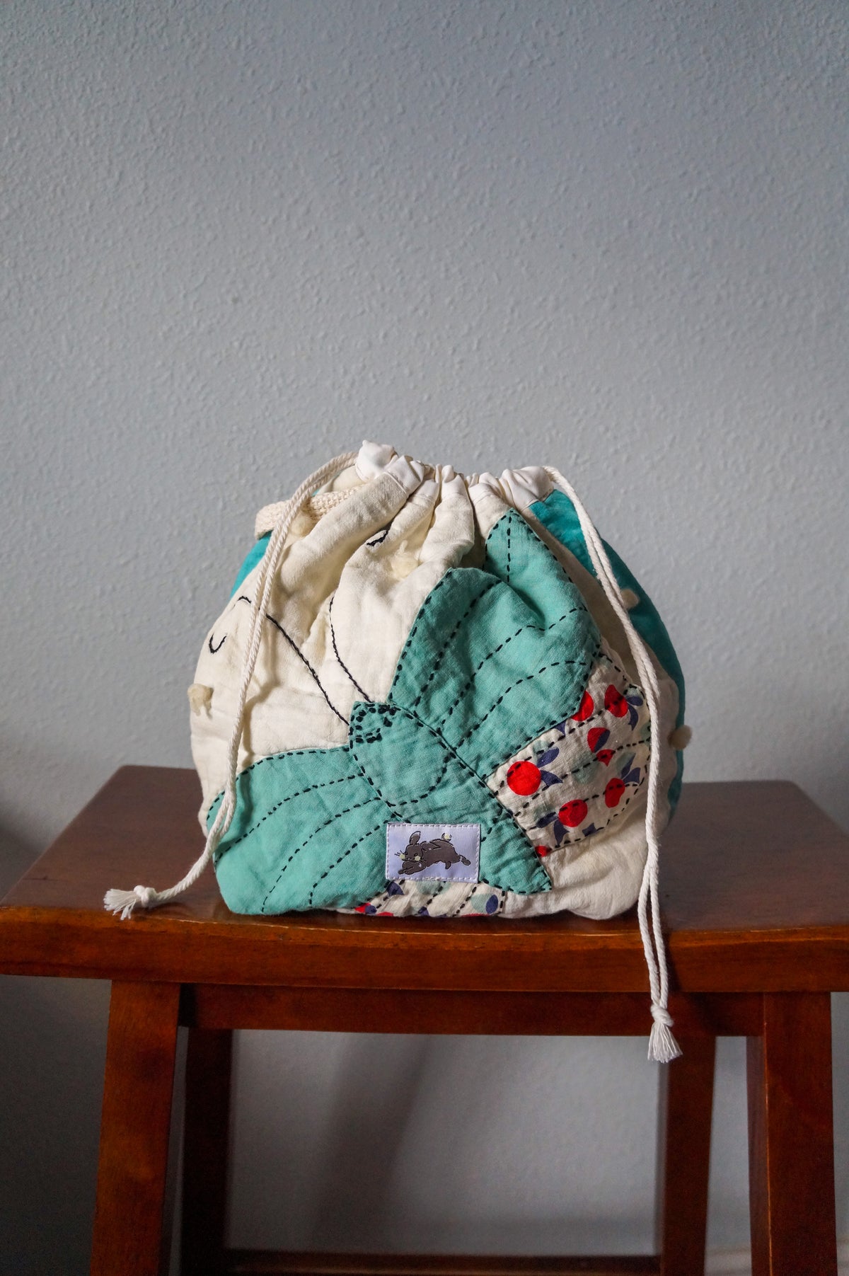 Handmade medium 1/1 vintage butterfly quilt drawstring bag