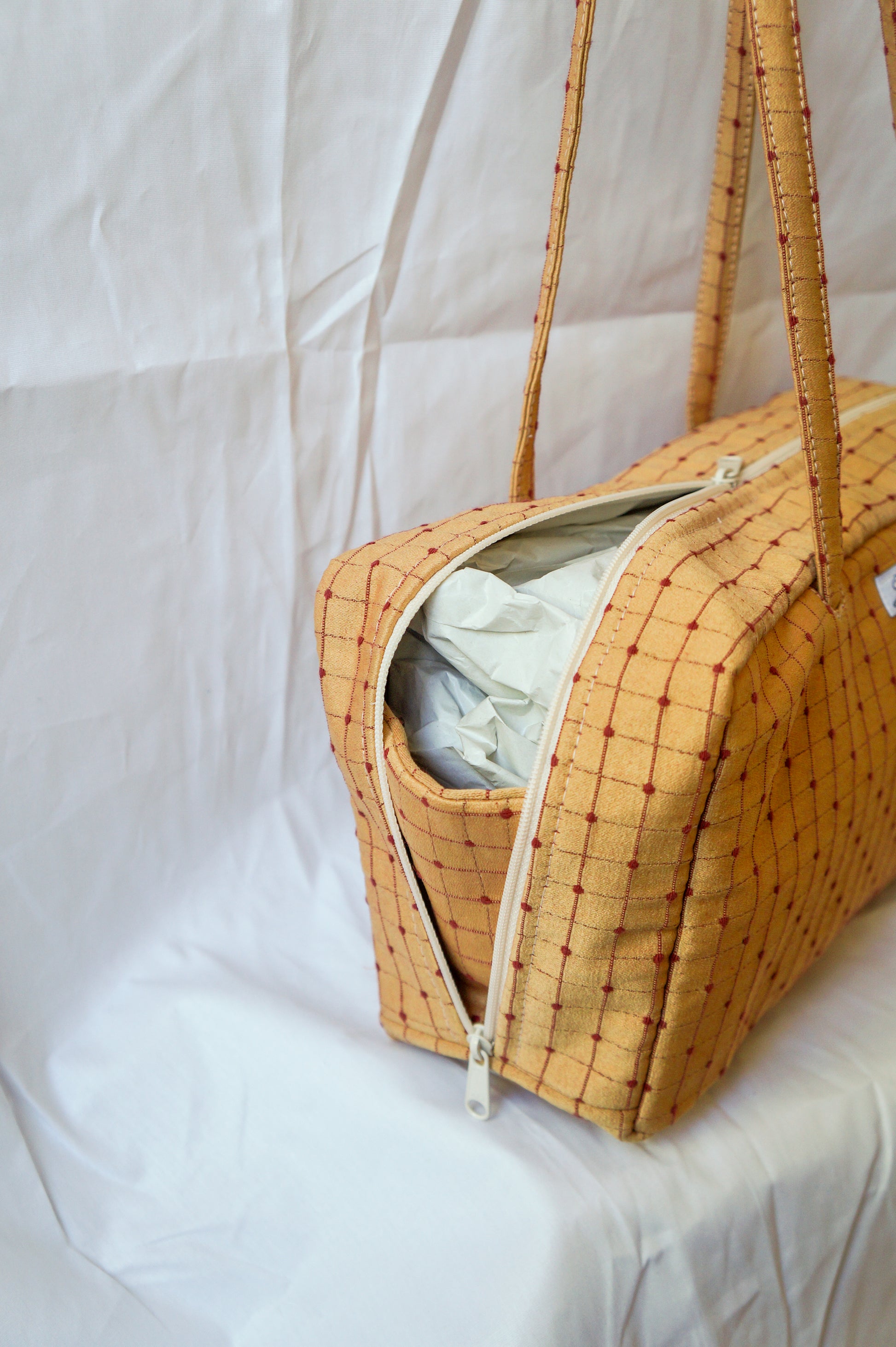 **PRE-ORDER** Handmade gold and brick red upholstery bowler bag