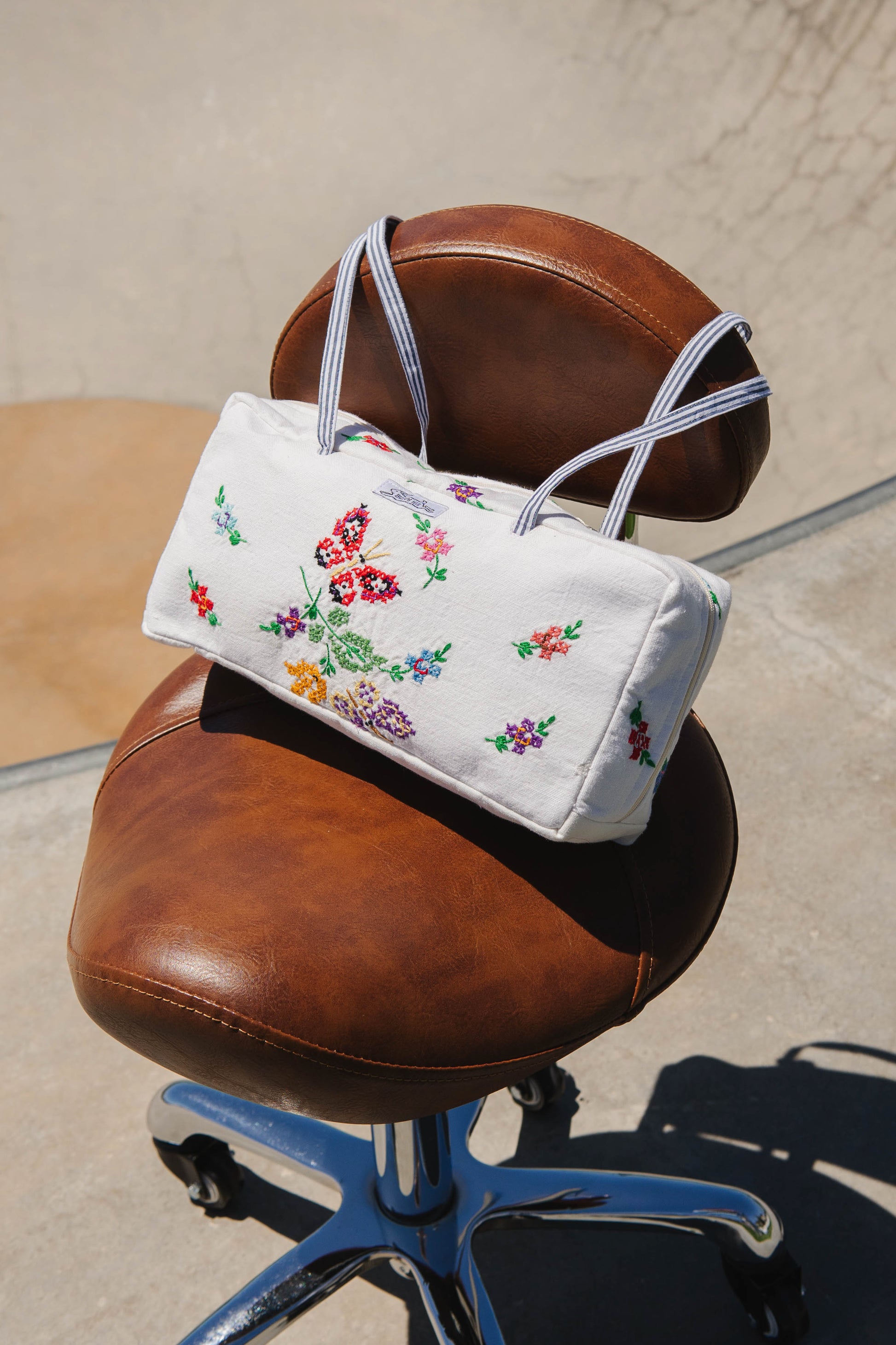 Handmade vtg embroidered butterfly bowler bag