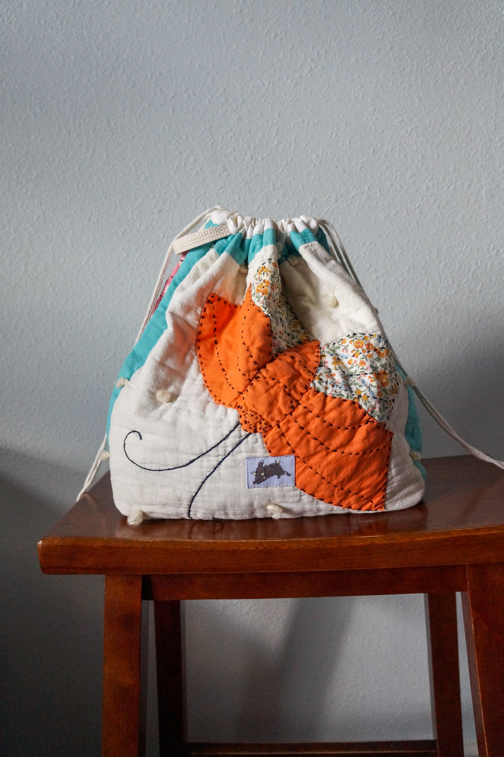 Handmade medium 1/1 vintage butterfly quilt drawstring bag