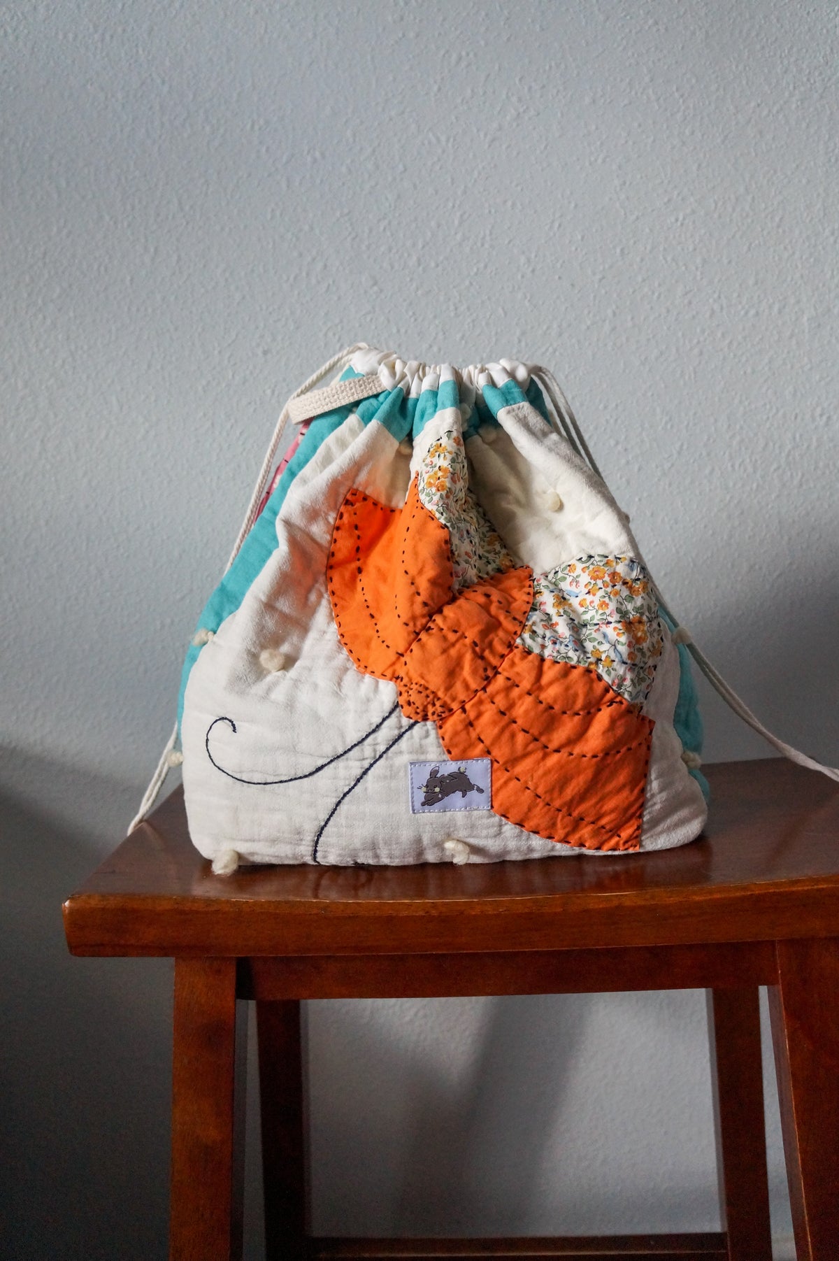 Handmade medium 1/1 vintage butterfly quilt drawstring bag